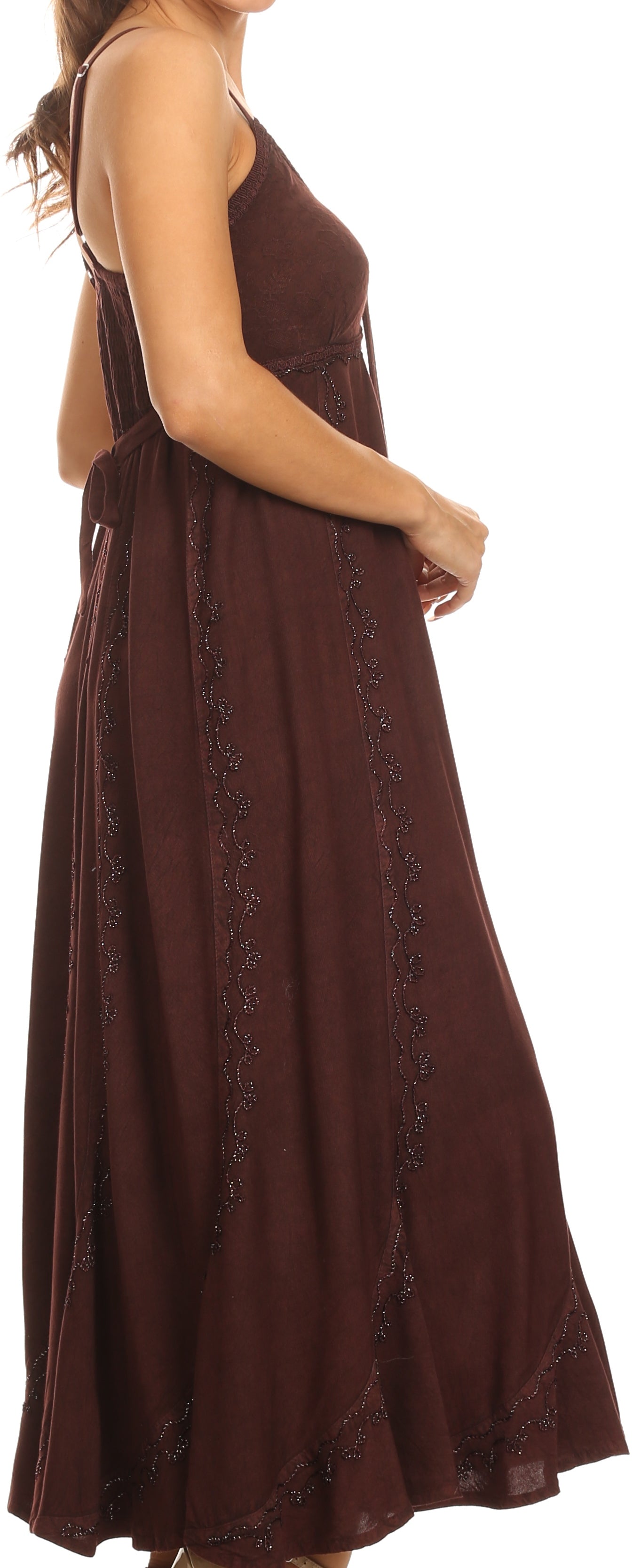 Sakkas Allie Stonewashed Embroidered Adjustable Spaghetti Straps Long Dress - Concordia Style Boutique