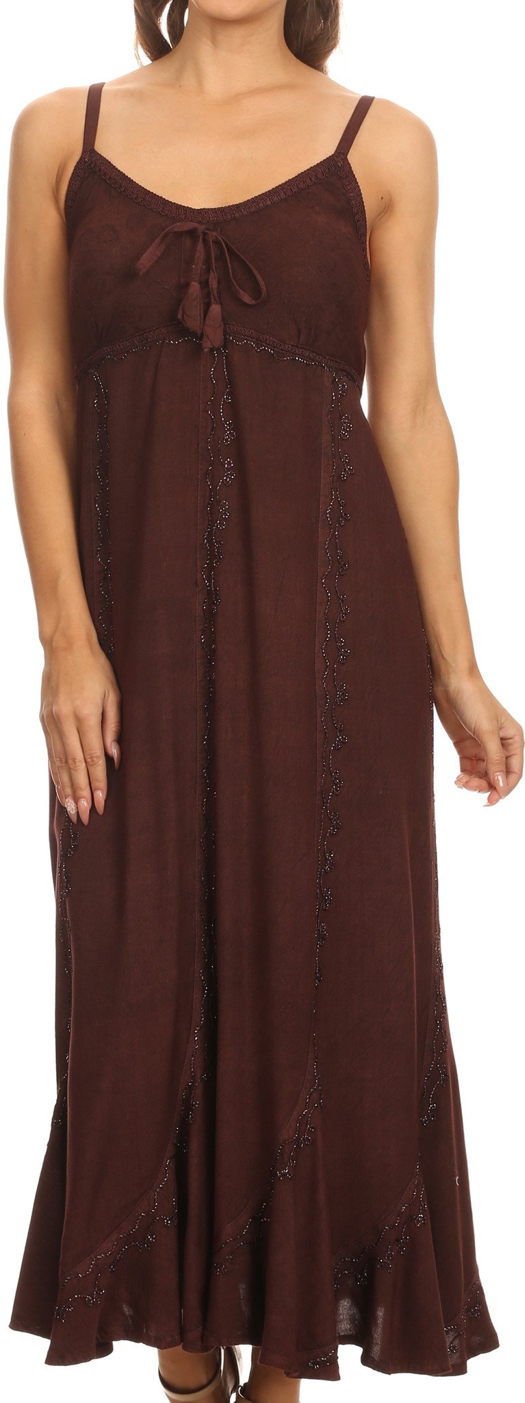 Sakkas Allie Stonewashed Embroidered Adjustable Spaghetti Straps Long Dress - Concordia Style Boutique