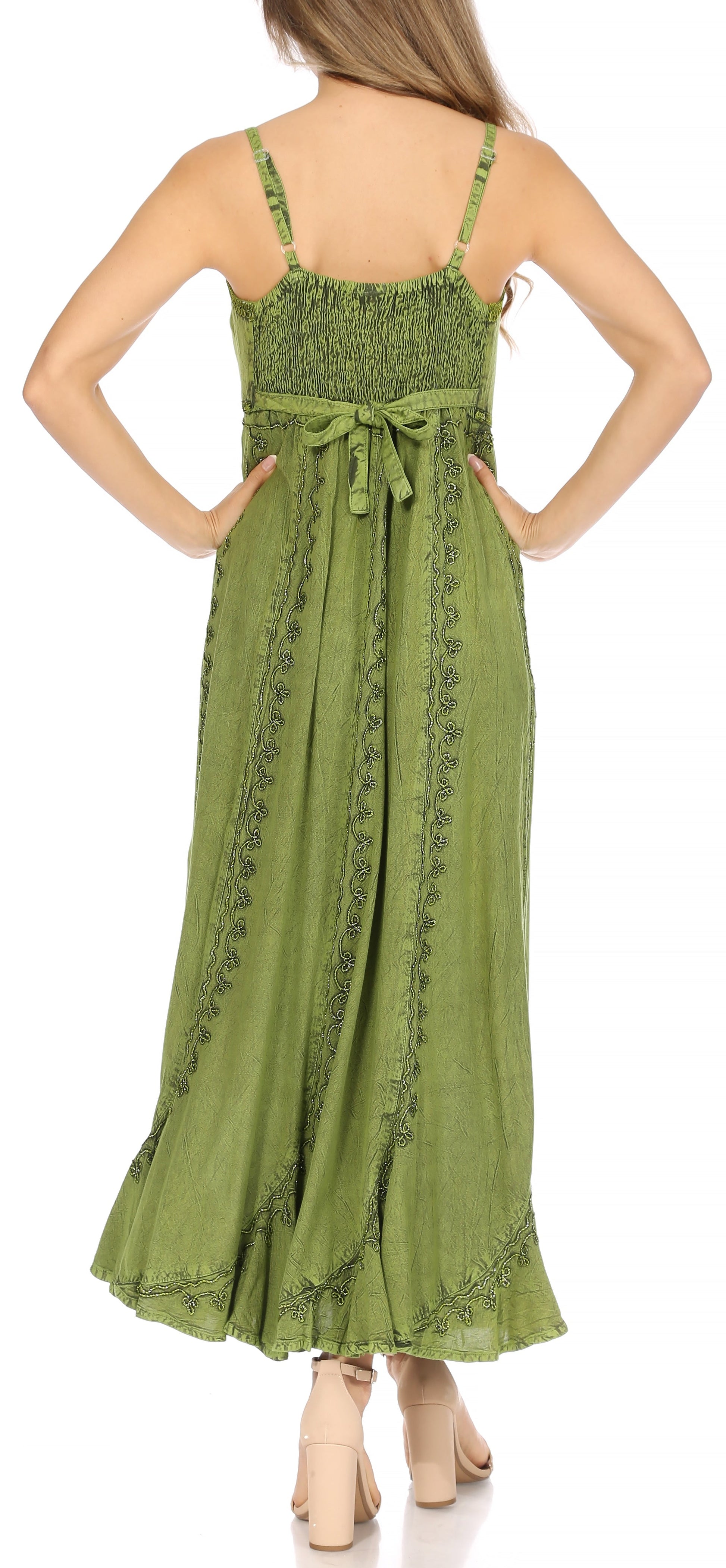 Sakkas Allie Stonewashed Embroidered Adjustable Spaghetti Straps Long Dress - Concordia Style Boutique