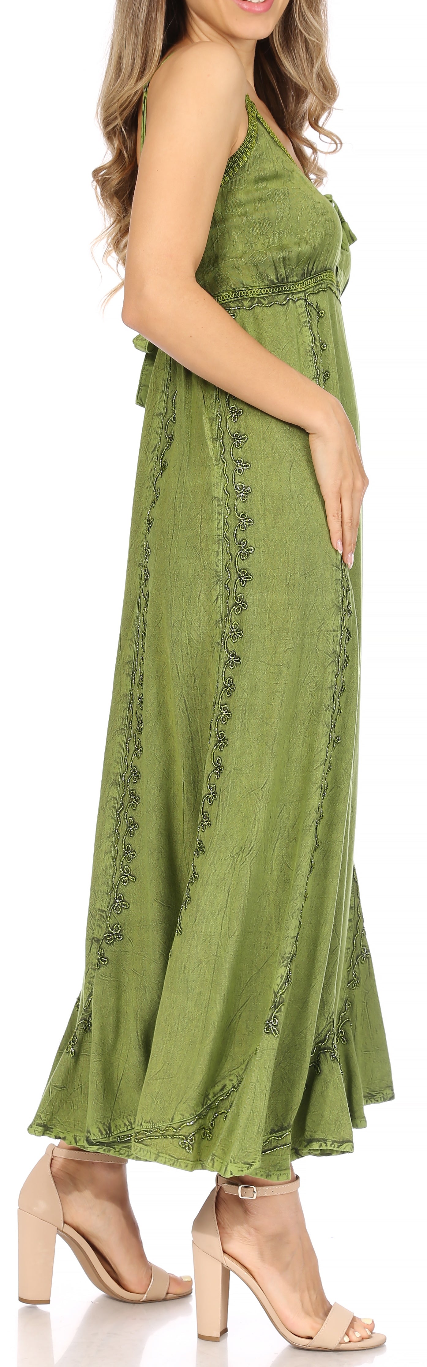 Sakkas Allie Stonewashed Embroidered Adjustable Spaghetti Straps Long Dress - Concordia Style Boutique