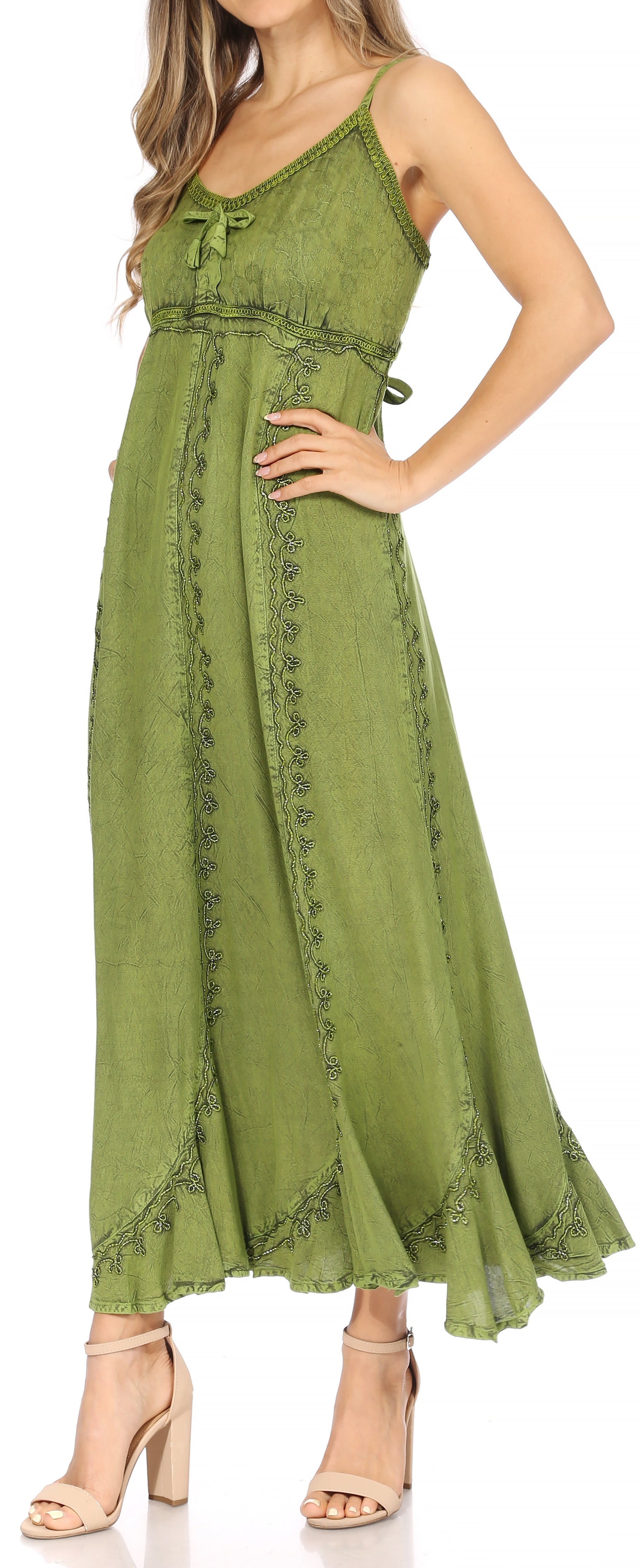 Sakkas Allie Stonewashed Embroidered Adjustable Spaghetti Straps Long Dress - Concordia Style Boutique