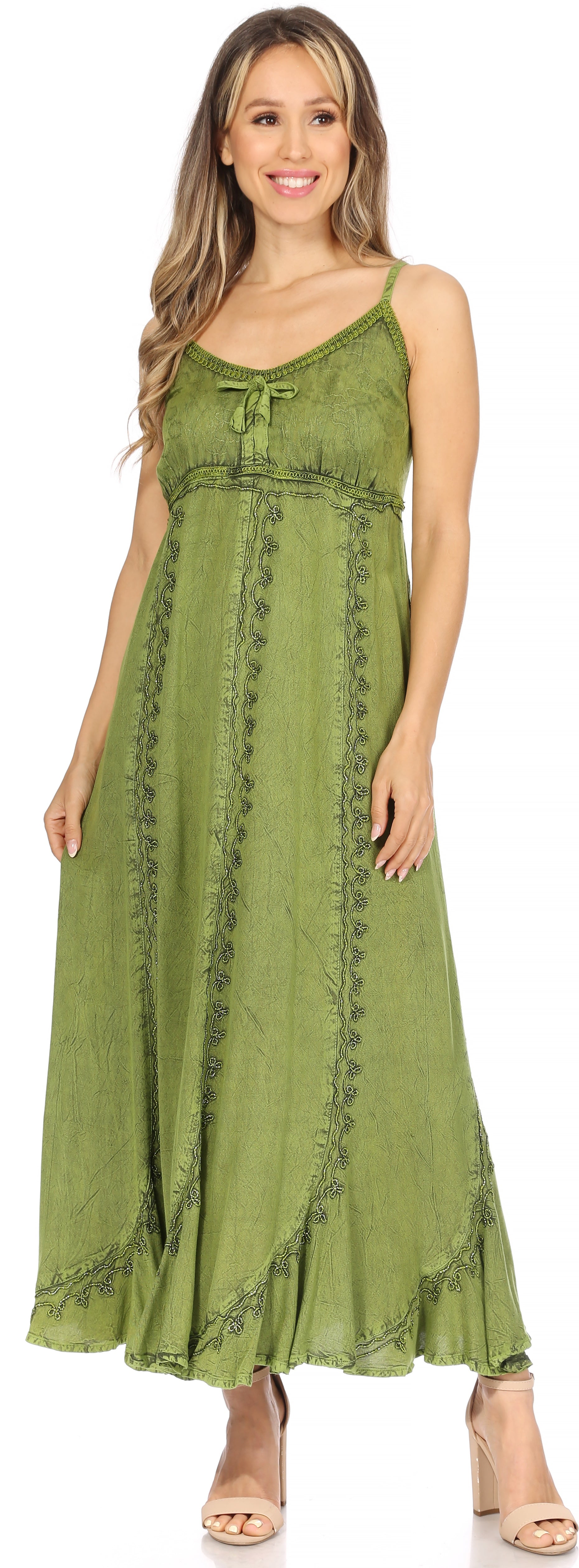 Sakkas Allie Stonewashed Embroidered Adjustable Spaghetti Straps Long Dress - Concordia Style Boutique