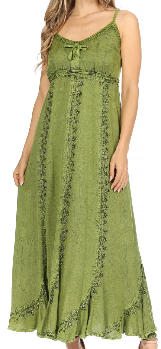 Sakkas Allie Stonewashed Embroidered Adjustable Spaghetti Straps Long Dress - Concordia Style Boutique