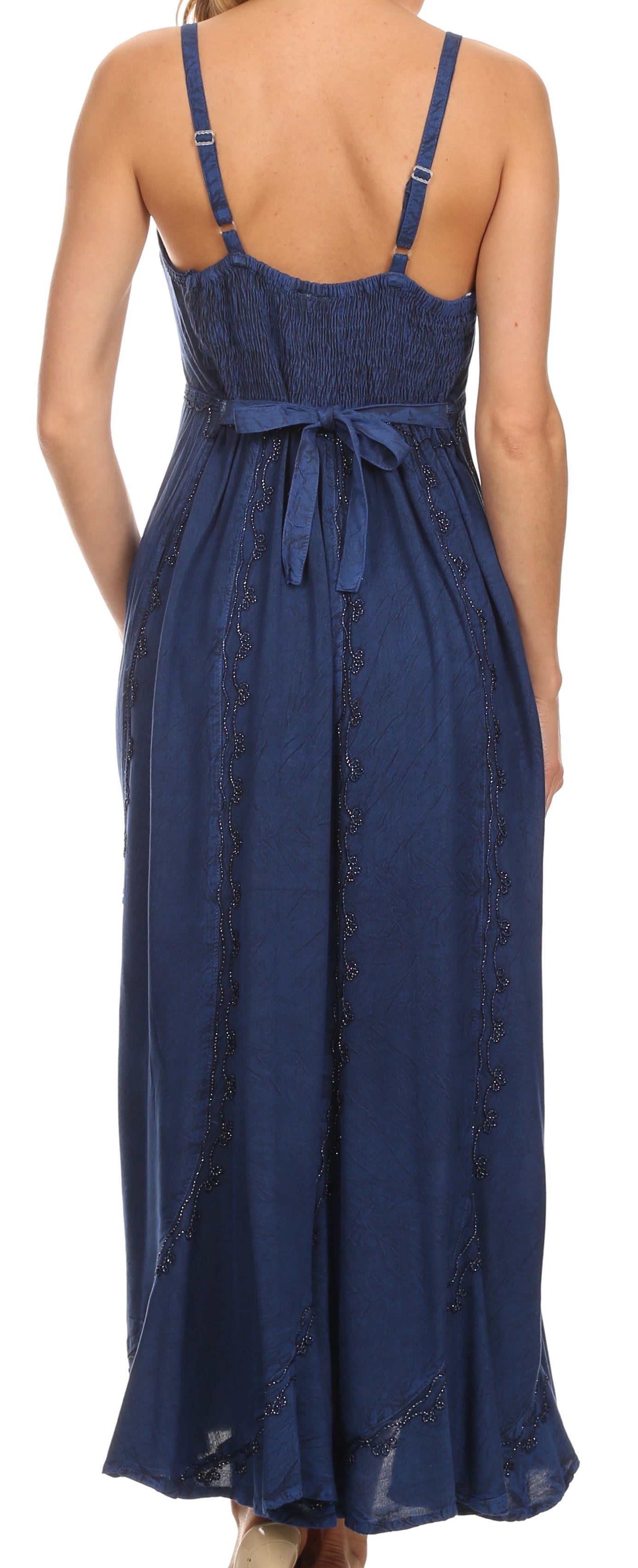 Sakkas Allie Stonewashed Embroidered Adjustable Spaghetti Straps Long Dress - Concordia Style Boutique