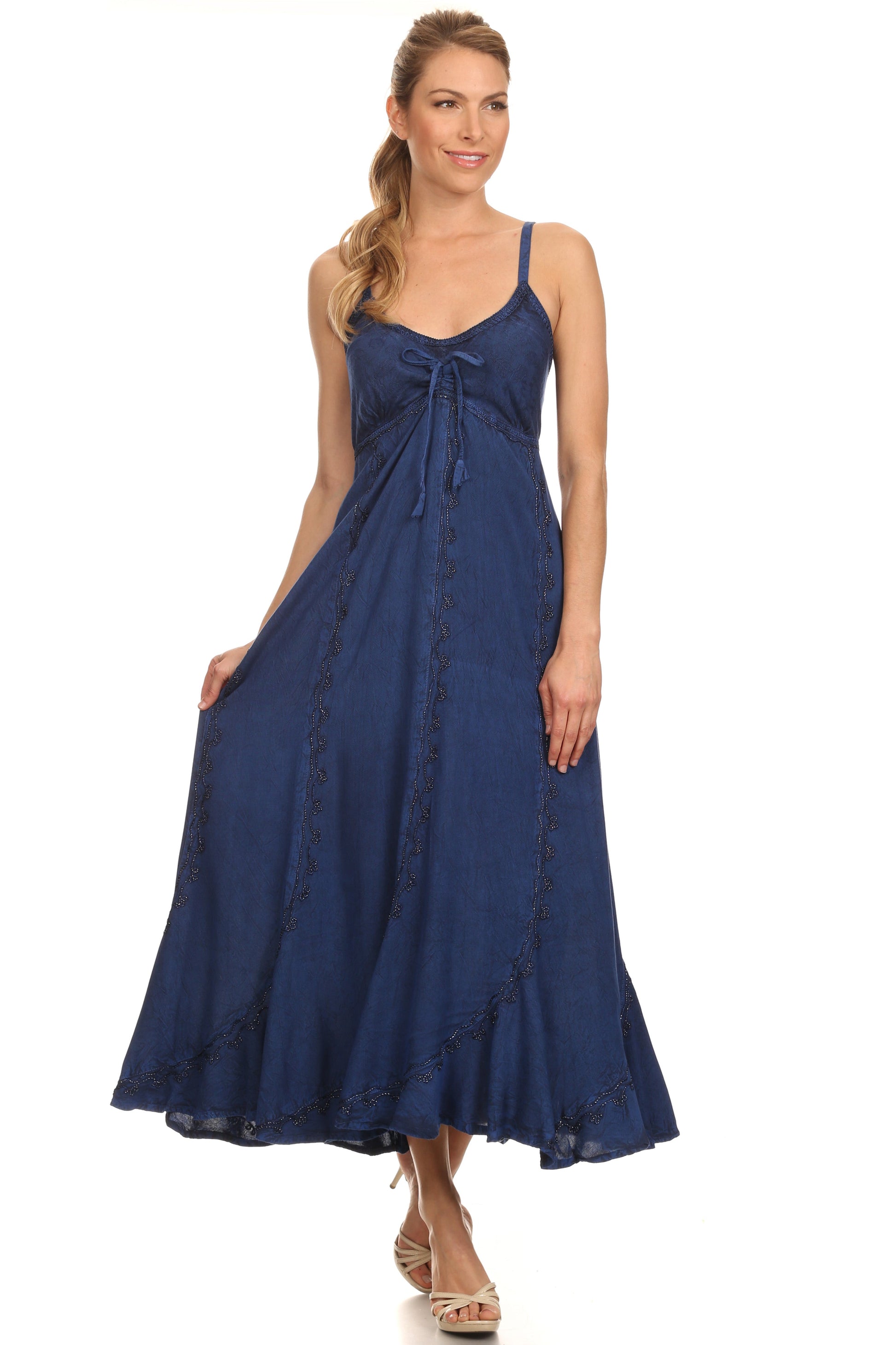 Sakkas Allie Stonewashed Embroidered Adjustable Spaghetti Straps Long Dress - Concordia Style Boutique