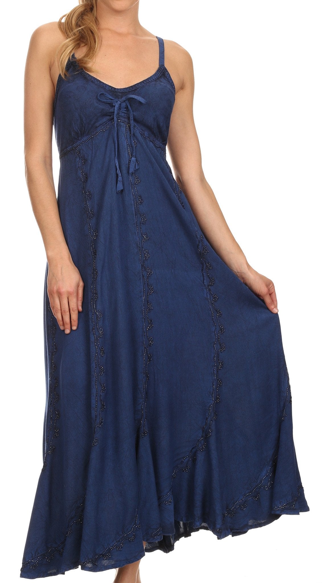 Sakkas Allie Stonewashed Embroidered Adjustable Spaghetti Straps Long Dress - Concordia Style Boutique
