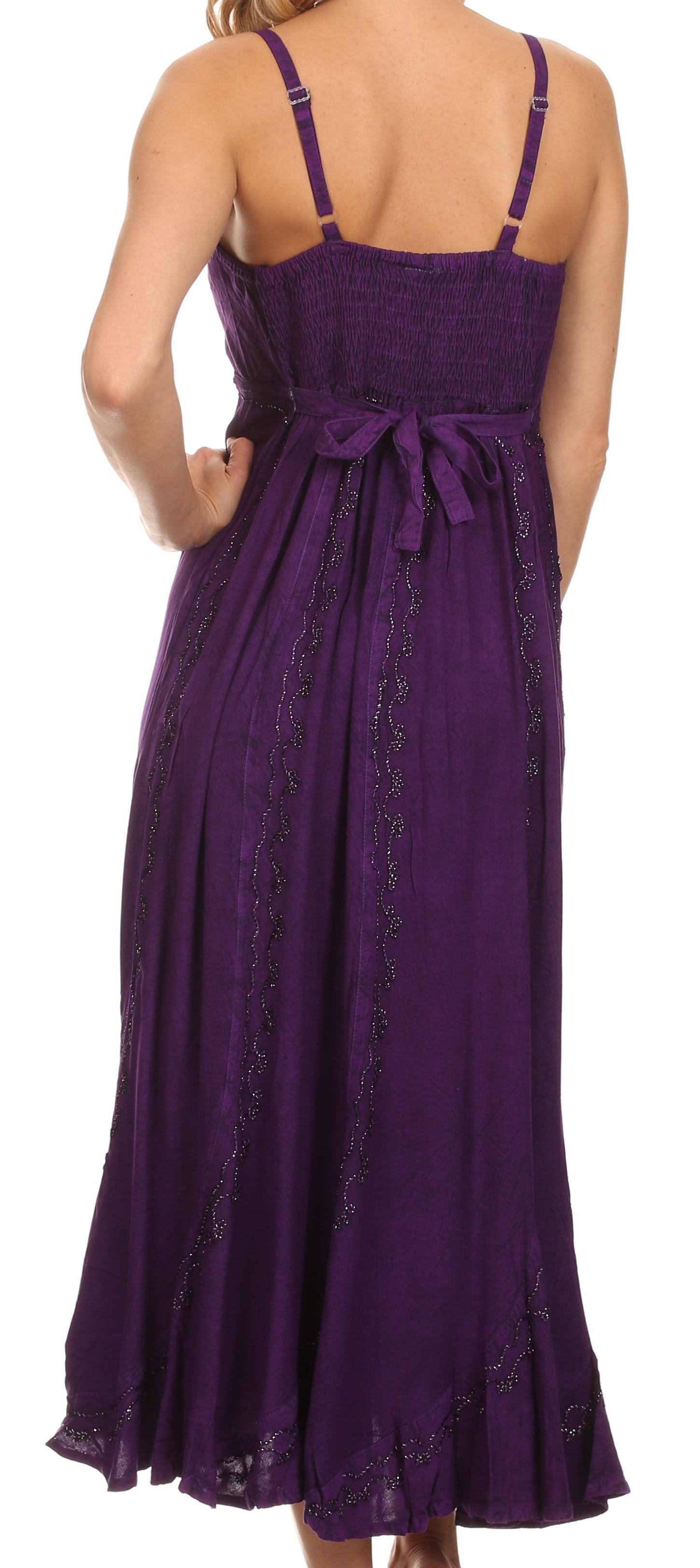 Sakkas Allie Stonewashed Embroidered Adjustable Spaghetti Straps Long Dress - Concordia Style Boutique