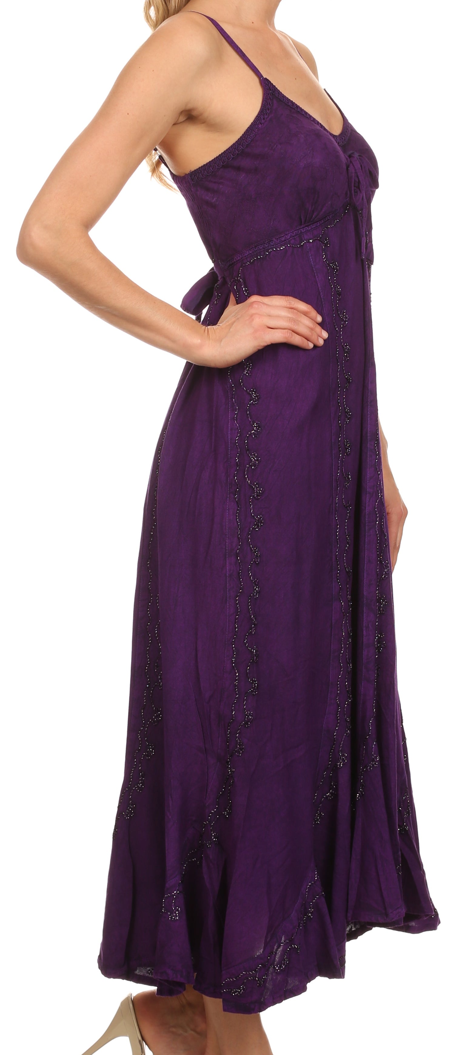 Sakkas Allie Stonewashed Embroidered Adjustable Spaghetti Straps Long Dress - Concordia Style Boutique