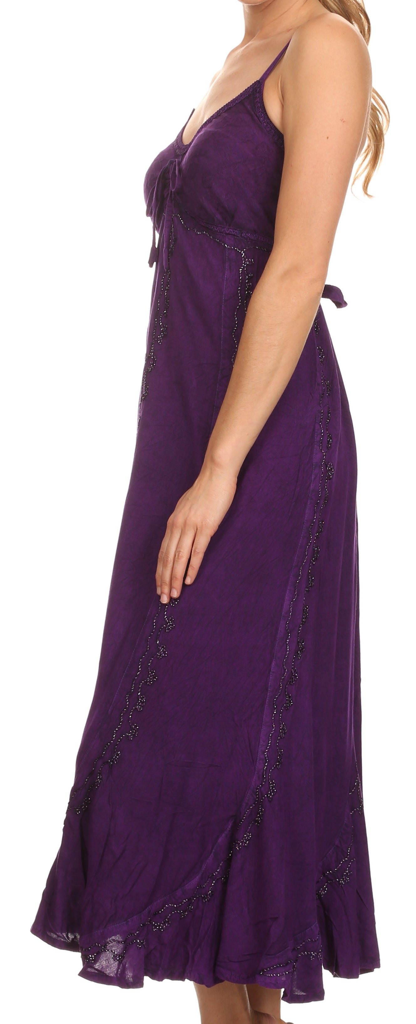 Sakkas Allie Stonewashed Embroidered Adjustable Spaghetti Straps Long Dress - Concordia Style Boutique