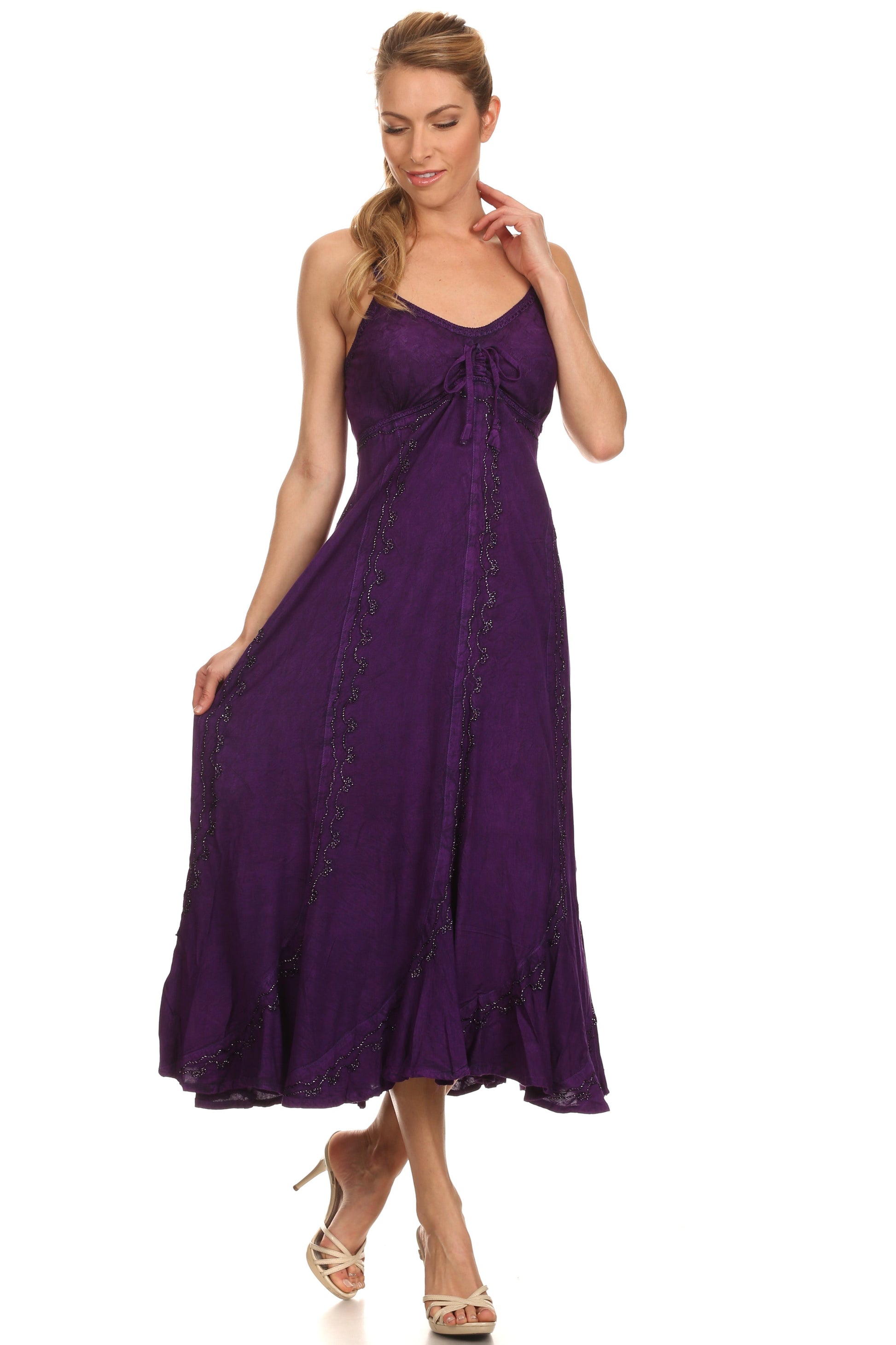 Sakkas Allie Stonewashed Embroidered Adjustable Spaghetti Straps Long Dress - Concordia Style Boutique