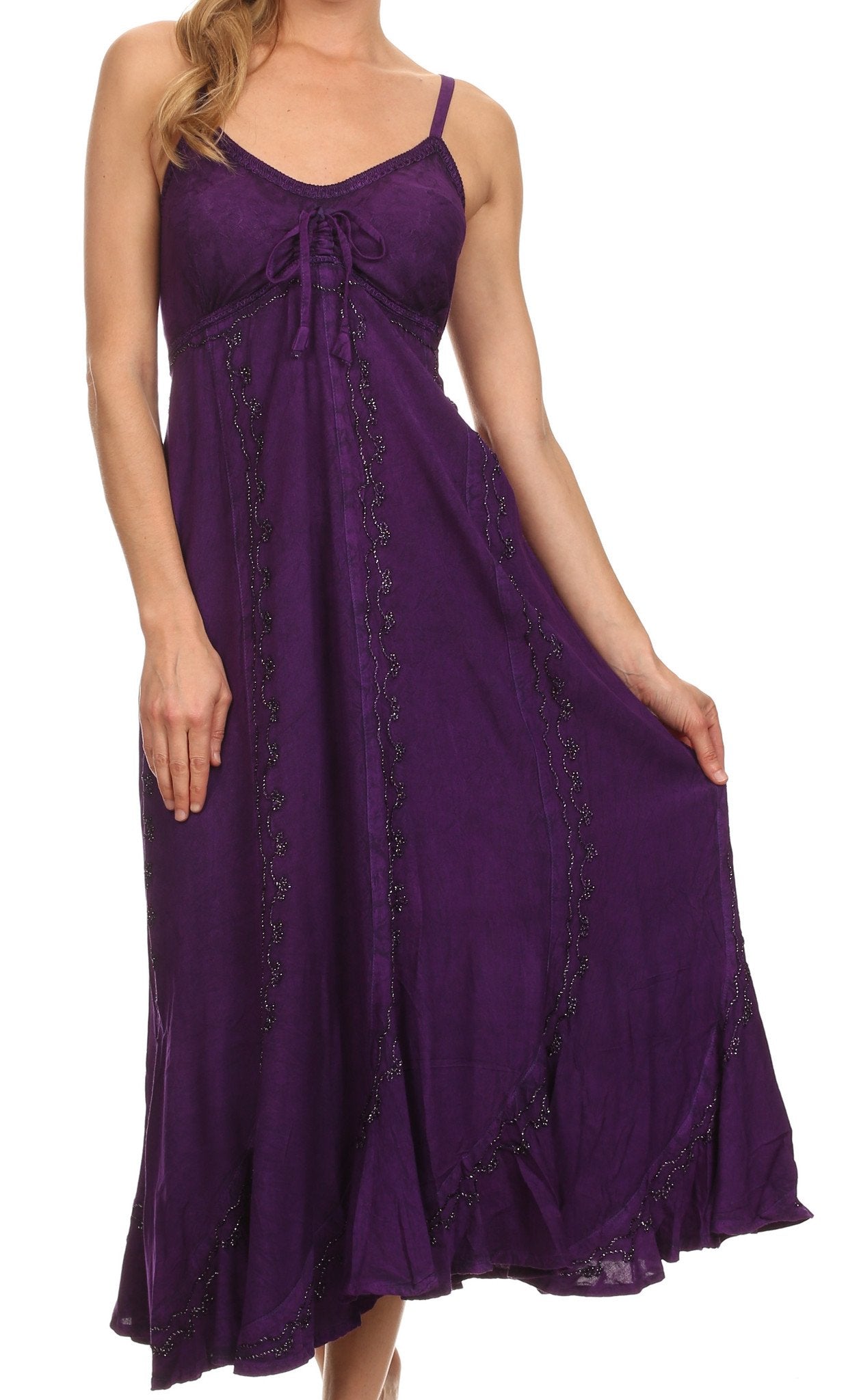 Sakkas Allie Stonewashed Embroidered Adjustable Spaghetti Straps Long Dress - Concordia Style Boutique