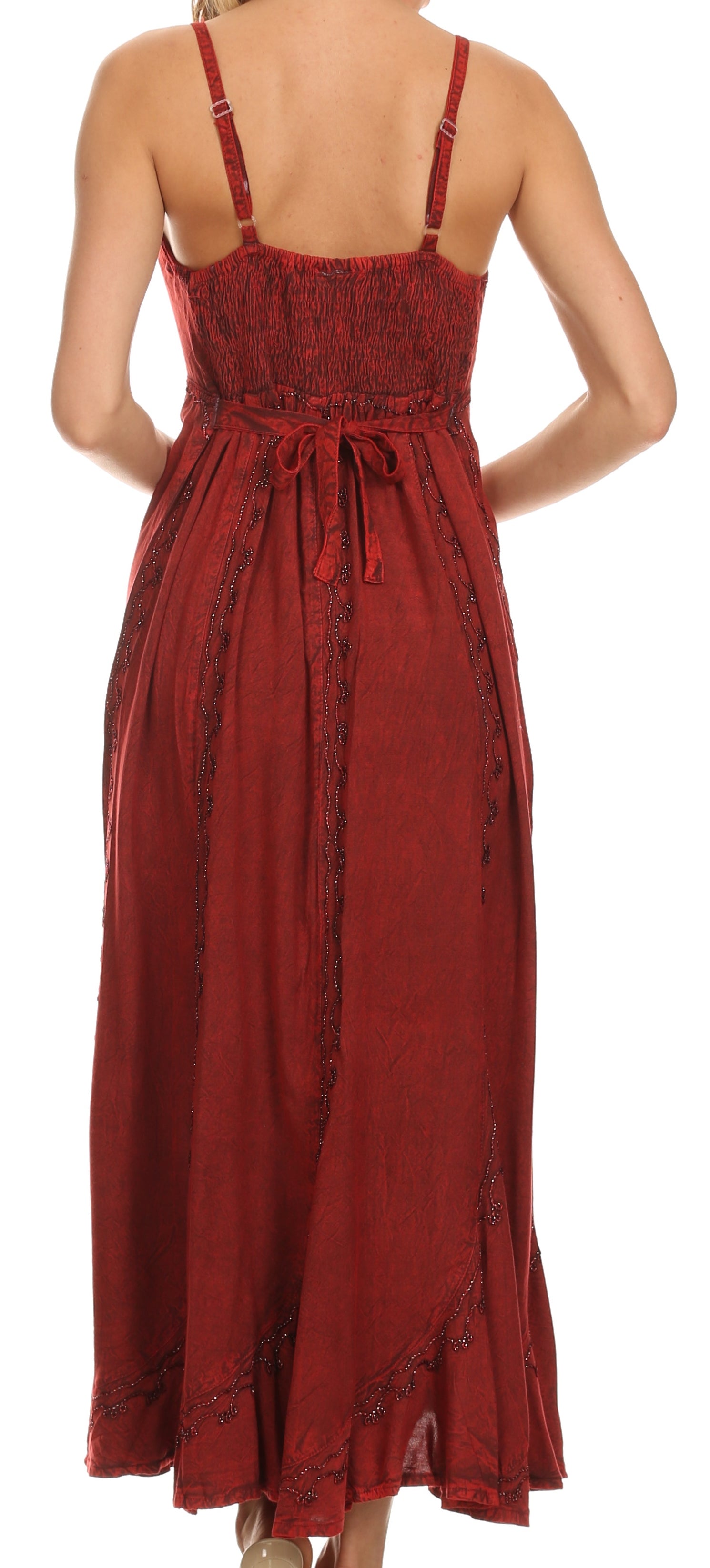 Sakkas Allie Stonewashed Embroidered Adjustable Spaghetti Straps Long Dress - Concordia Style Boutique