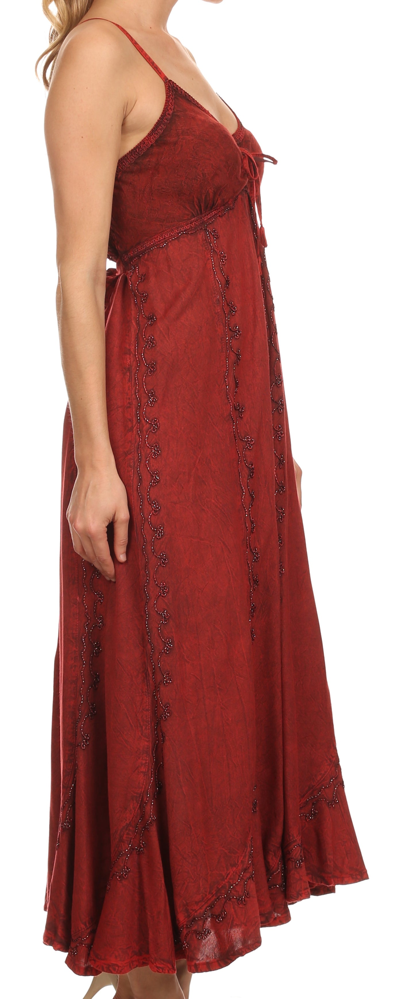 Sakkas Allie Stonewashed Embroidered Adjustable Spaghetti Straps Long Dress - Concordia Style Boutique