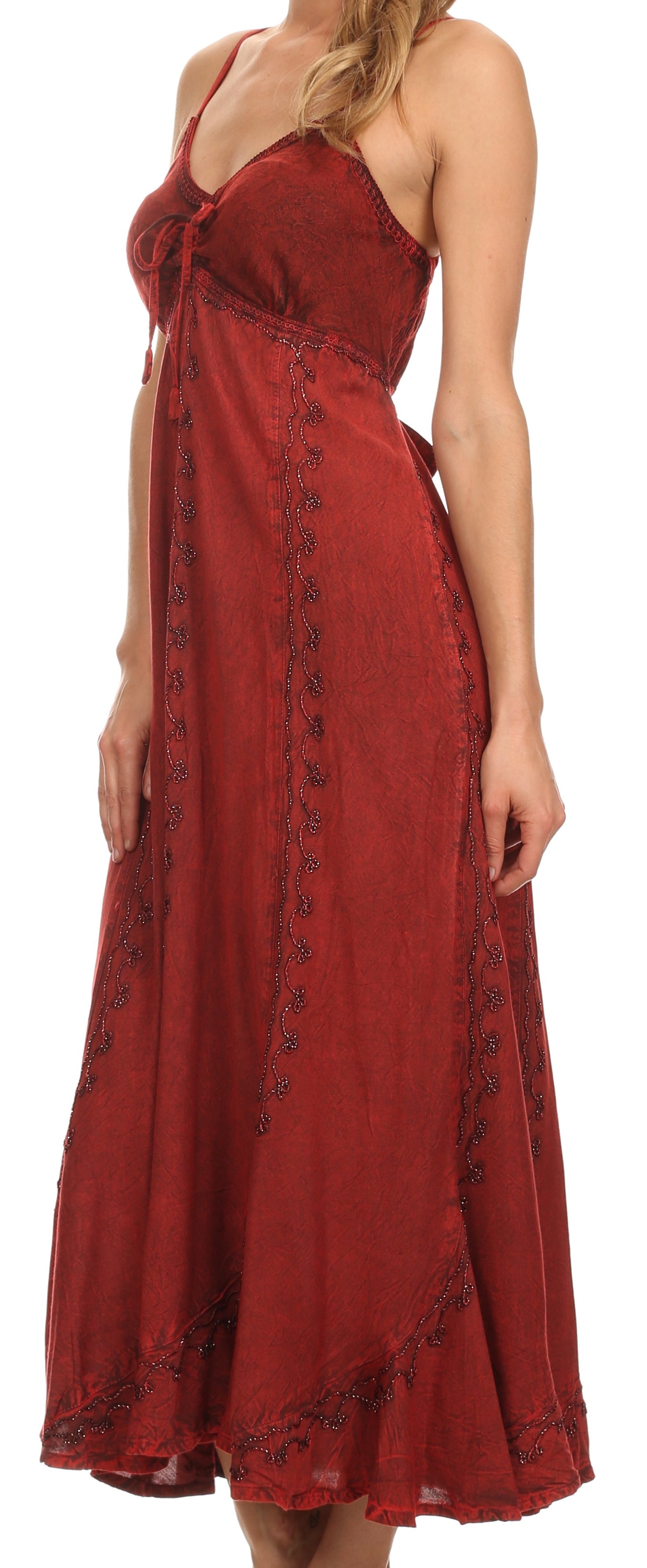 Sakkas Allie Stonewashed Embroidered Adjustable Spaghetti Straps Long Dress - Concordia Style Boutique