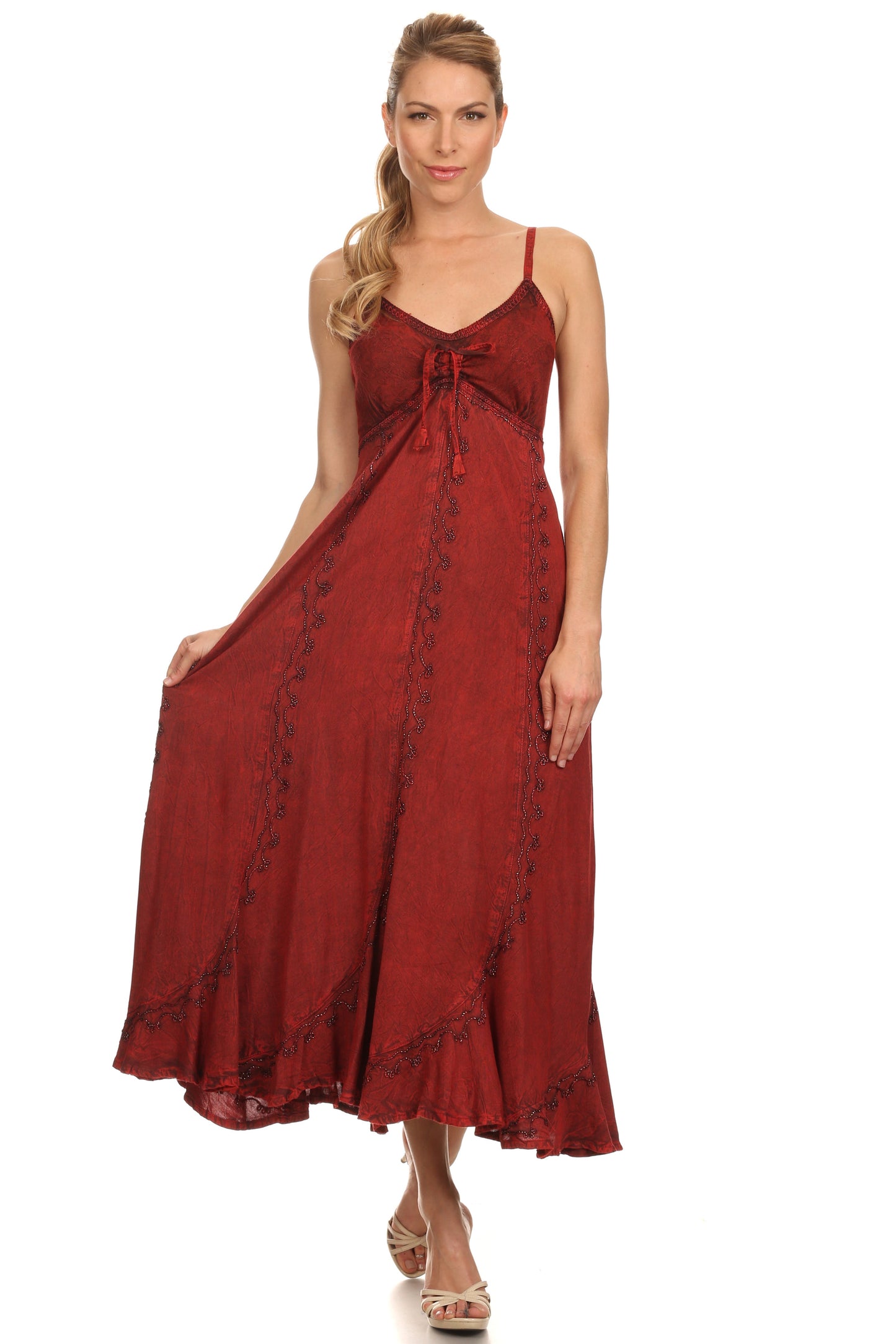 Sakkas Allie Stonewashed Embroidered Adjustable Spaghetti Straps Long Dress - Concordia Style Boutique