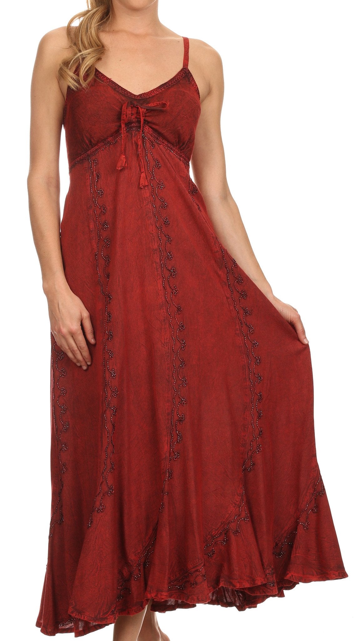 Sakkas Allie Stonewashed Embroidered Adjustable Spaghetti Straps Long Dress - Concordia Style Boutique