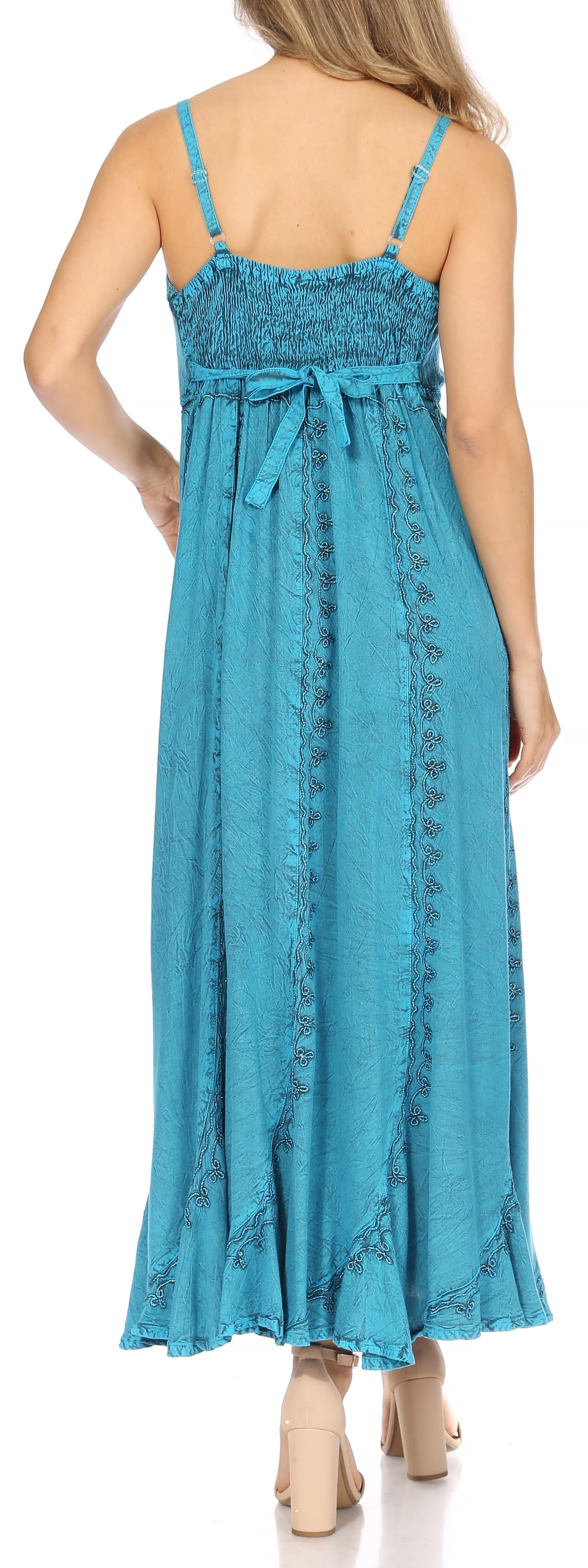 Sakkas Allie Stonewashed Embroidered Adjustable Spaghetti Straps Long Dress - Concordia Style Boutique