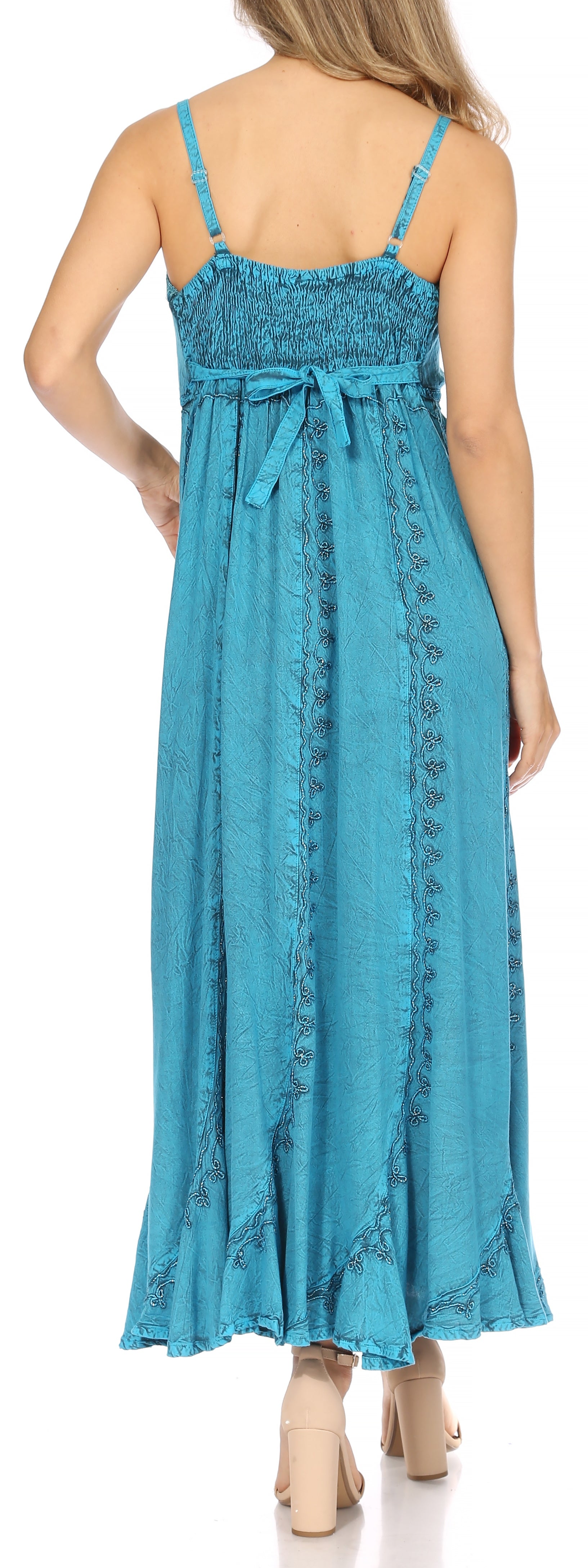 Sakkas Allie Stonewashed Embroidered Adjustable Spaghetti Straps Long Dress - Concordia Style Boutique