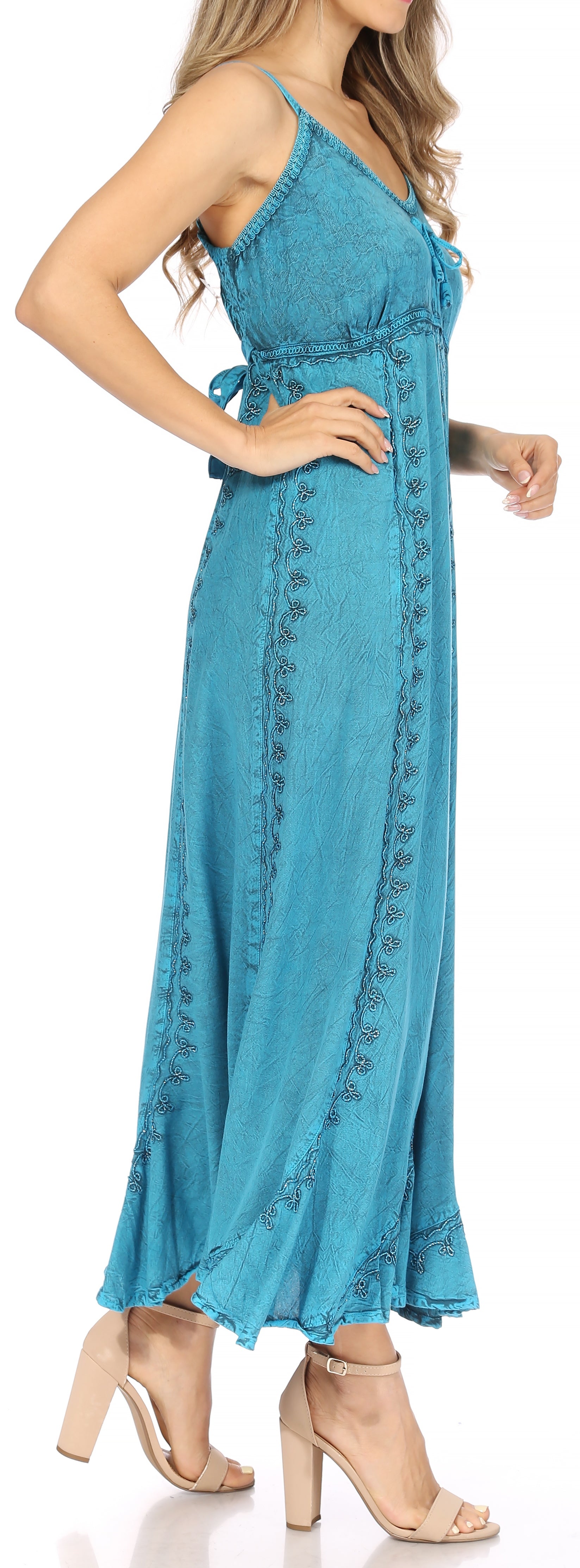 Sakkas Allie Stonewashed Embroidered Adjustable Spaghetti Straps Long Dress - Concordia Style Boutique
