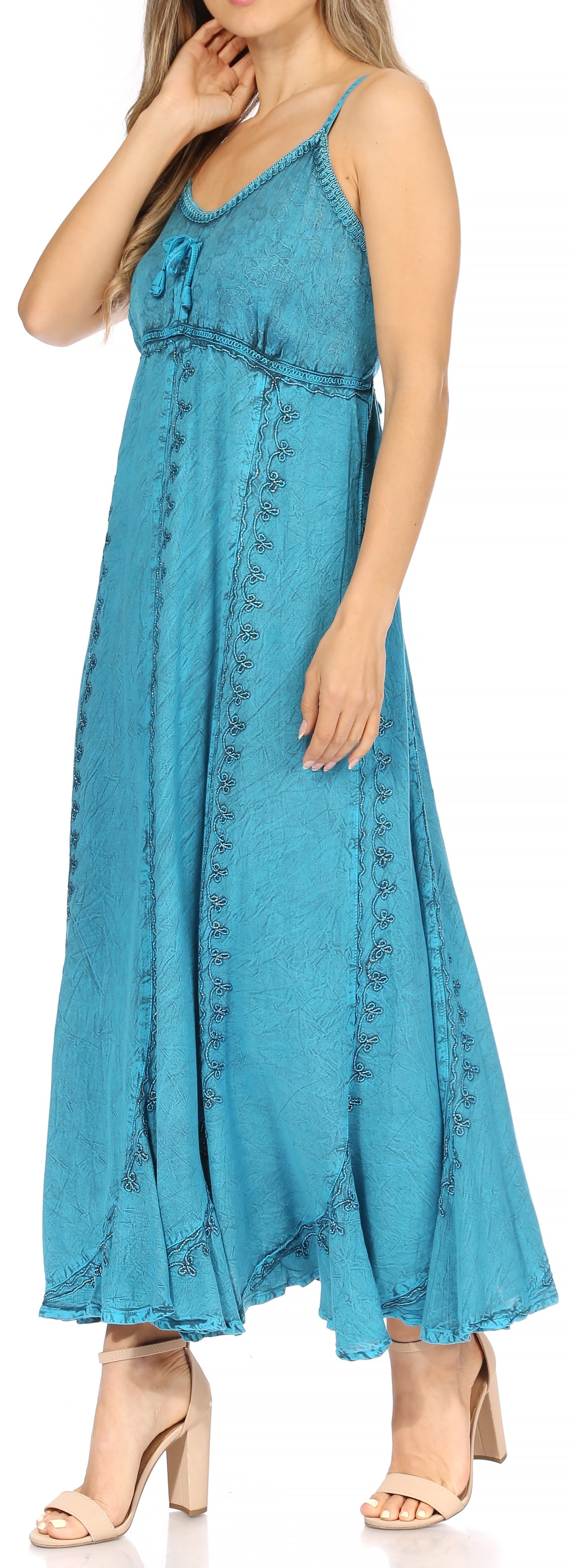 Sakkas Allie Stonewashed Embroidered Adjustable Spaghetti Straps Long Dress - Concordia Style Boutique