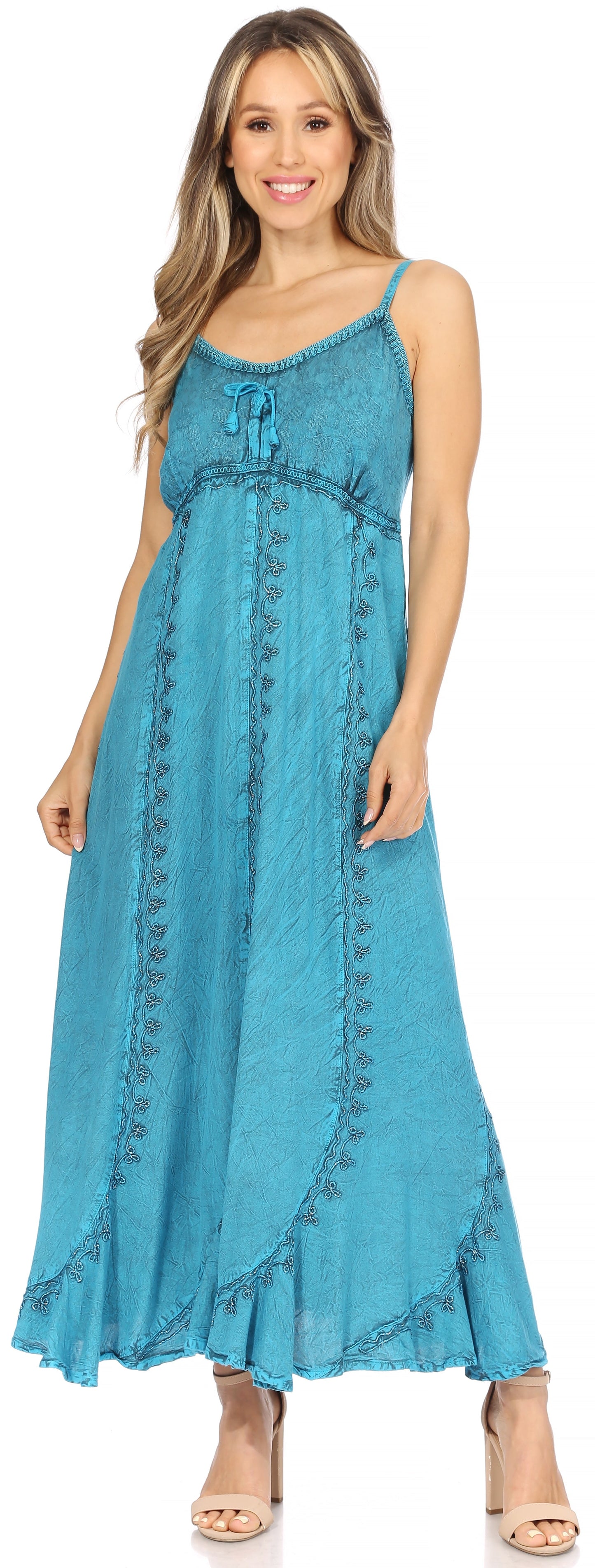 Sakkas Allie Stonewashed Embroidered Adjustable Spaghetti Straps Long Dress - Concordia Style Boutique