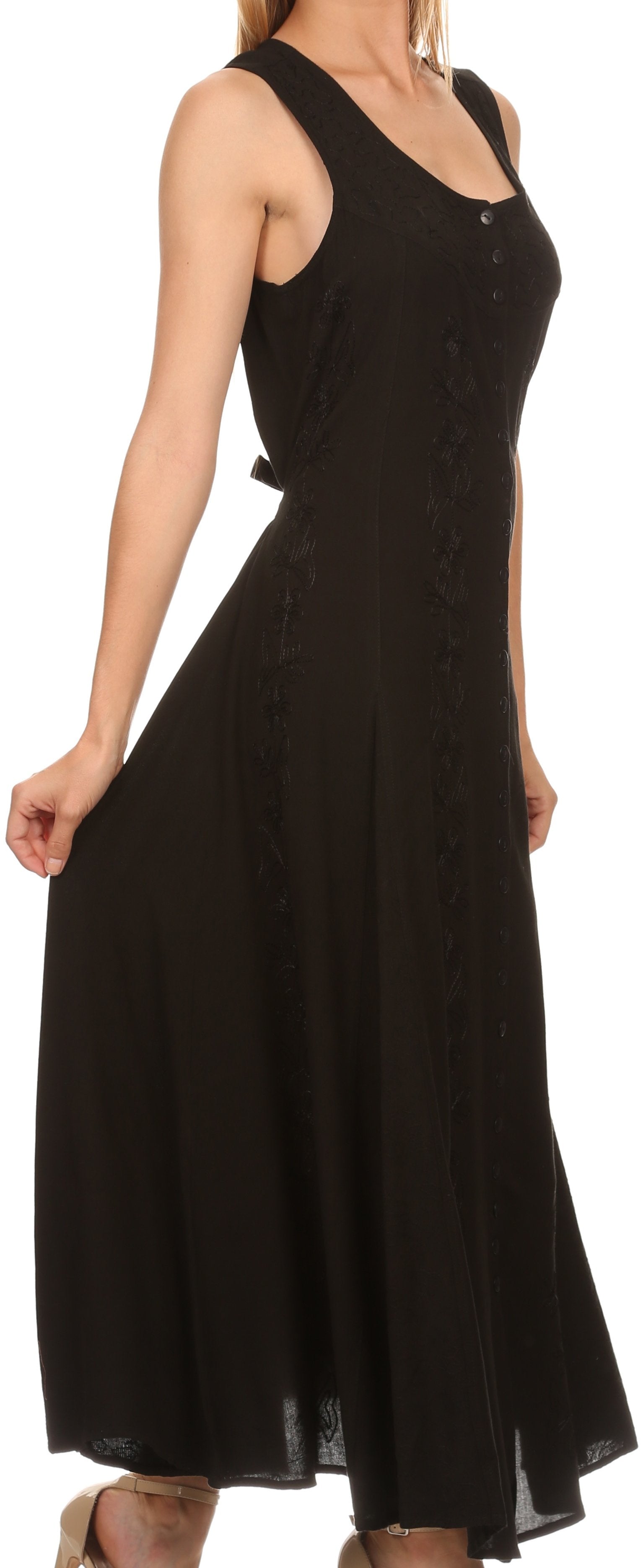 Sakkas Maya Floral Embroidered Sleeveless Button Up Rayon Dress - Concordia Style Boutique