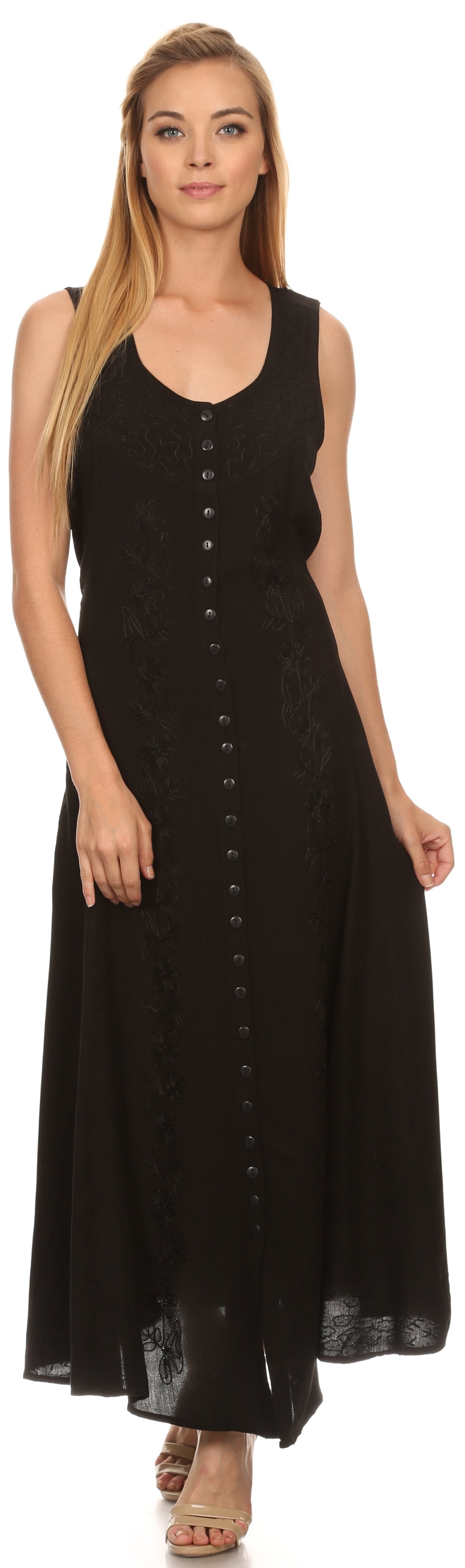Sakkas Maya Floral Embroidered Sleeveless Button Up Rayon Dress - Concordia Style Boutique