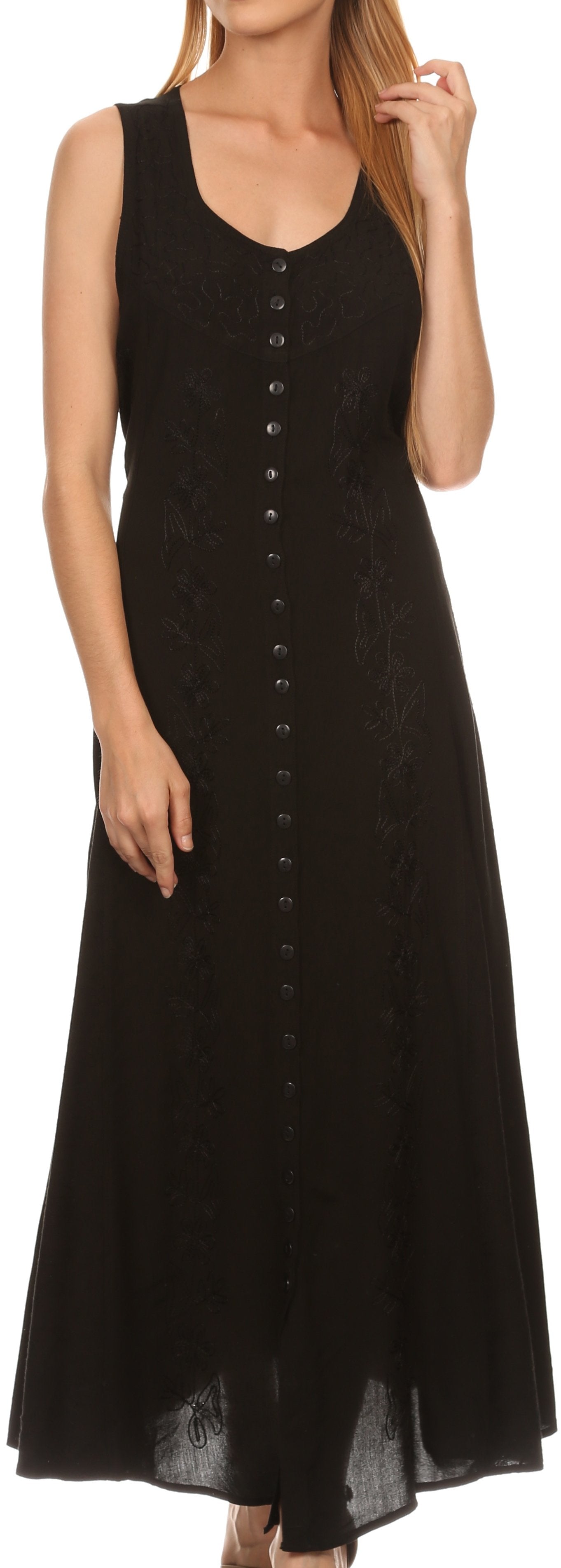 Sakkas Maya Floral Embroidered Sleeveless Button Up Rayon Dress - Concordia Style Boutique