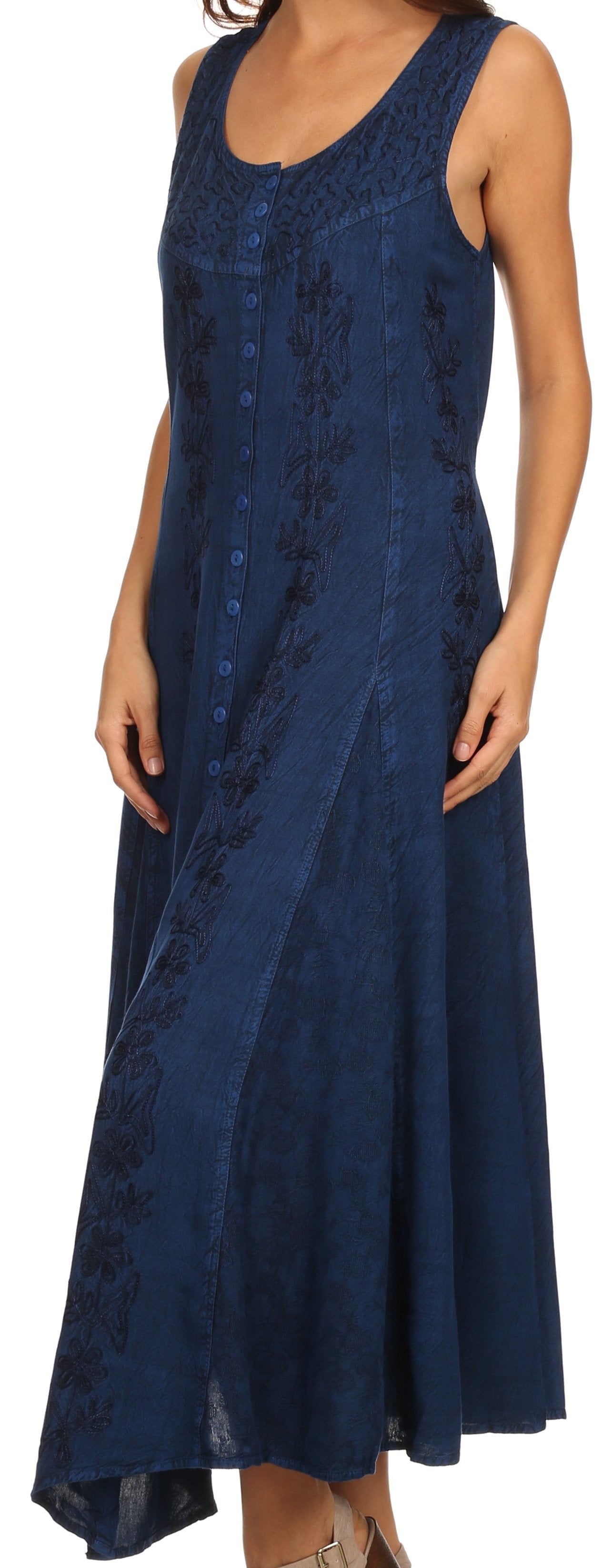 Sakkas Maya Floral Embroidered Sleeveless Button Up Rayon Dress - Concordia Style Boutique