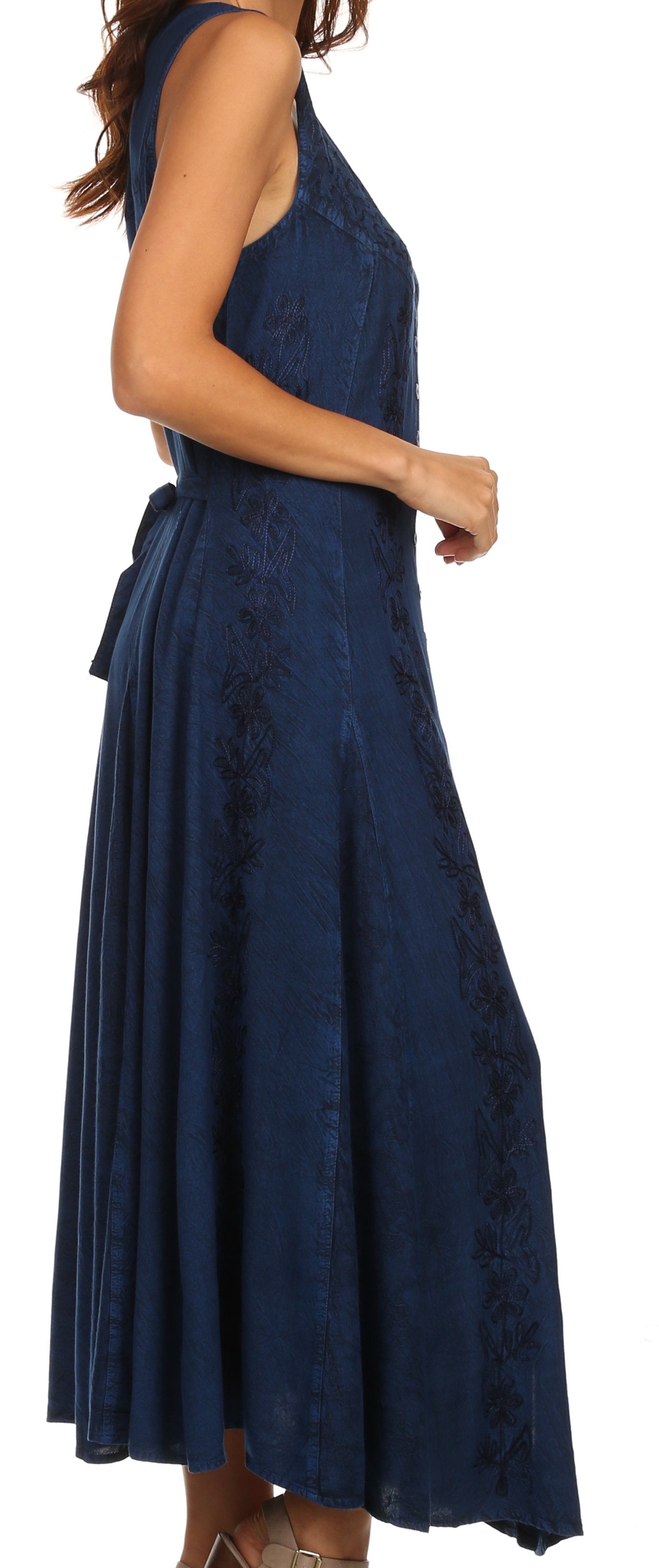 Sakkas Maya Floral Embroidered Sleeveless Button Up Rayon Dress - Concordia Style Boutique