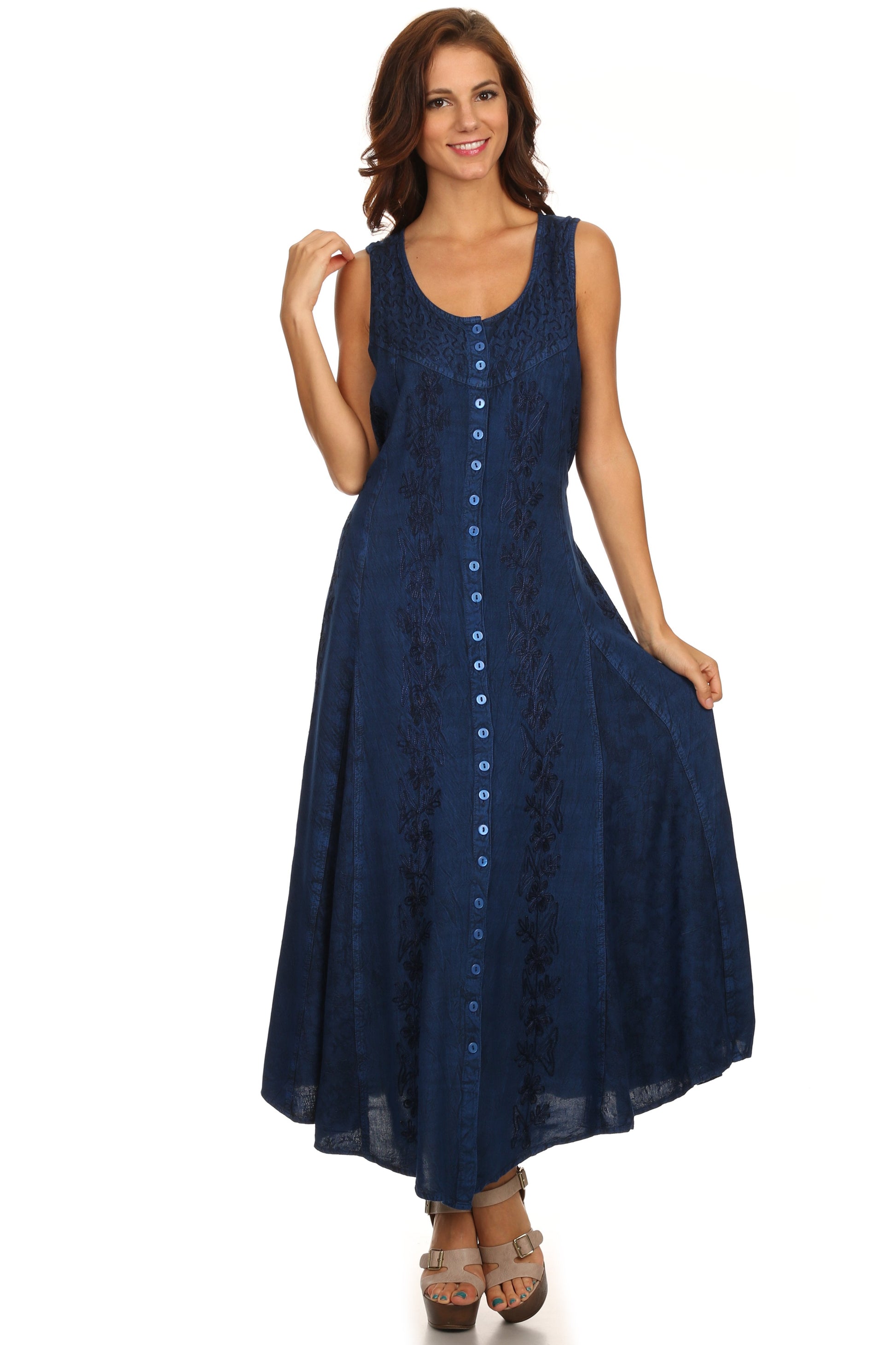 Sakkas Maya Floral Embroidered Sleeveless Button Up Rayon Dress - Concordia Style Boutique