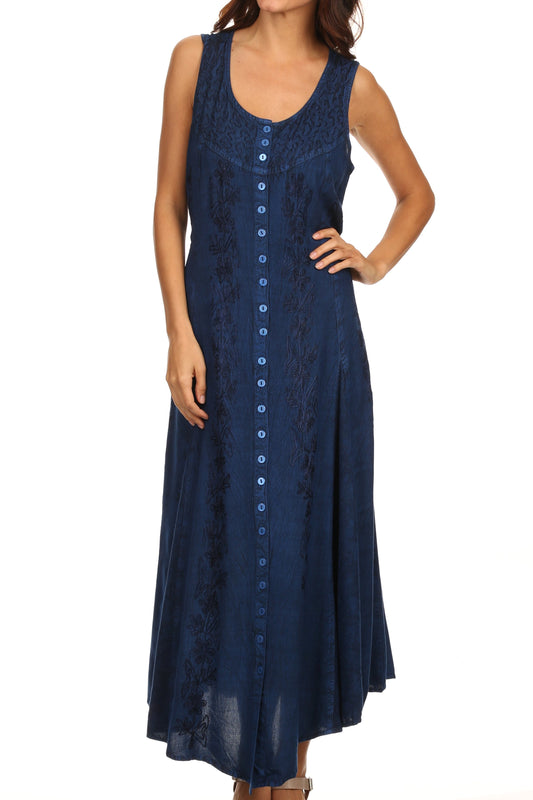 Sakkas Maya Floral Embroidered Sleeveless Button Up Rayon Dress - Concordia Style Boutique