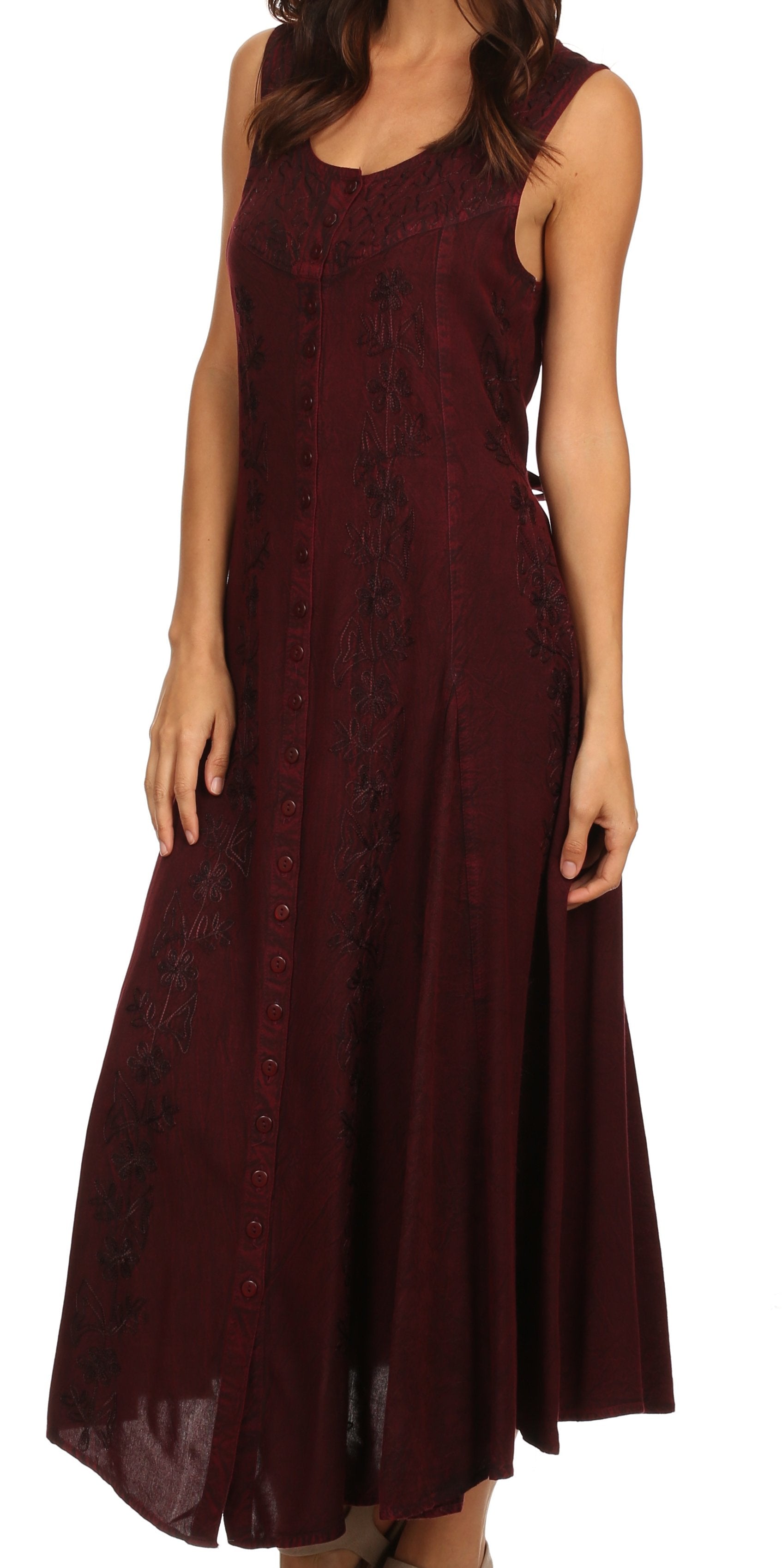 Sakkas Maya Floral Embroidered Sleeveless Button Up Rayon Dress - Concordia Style Boutique