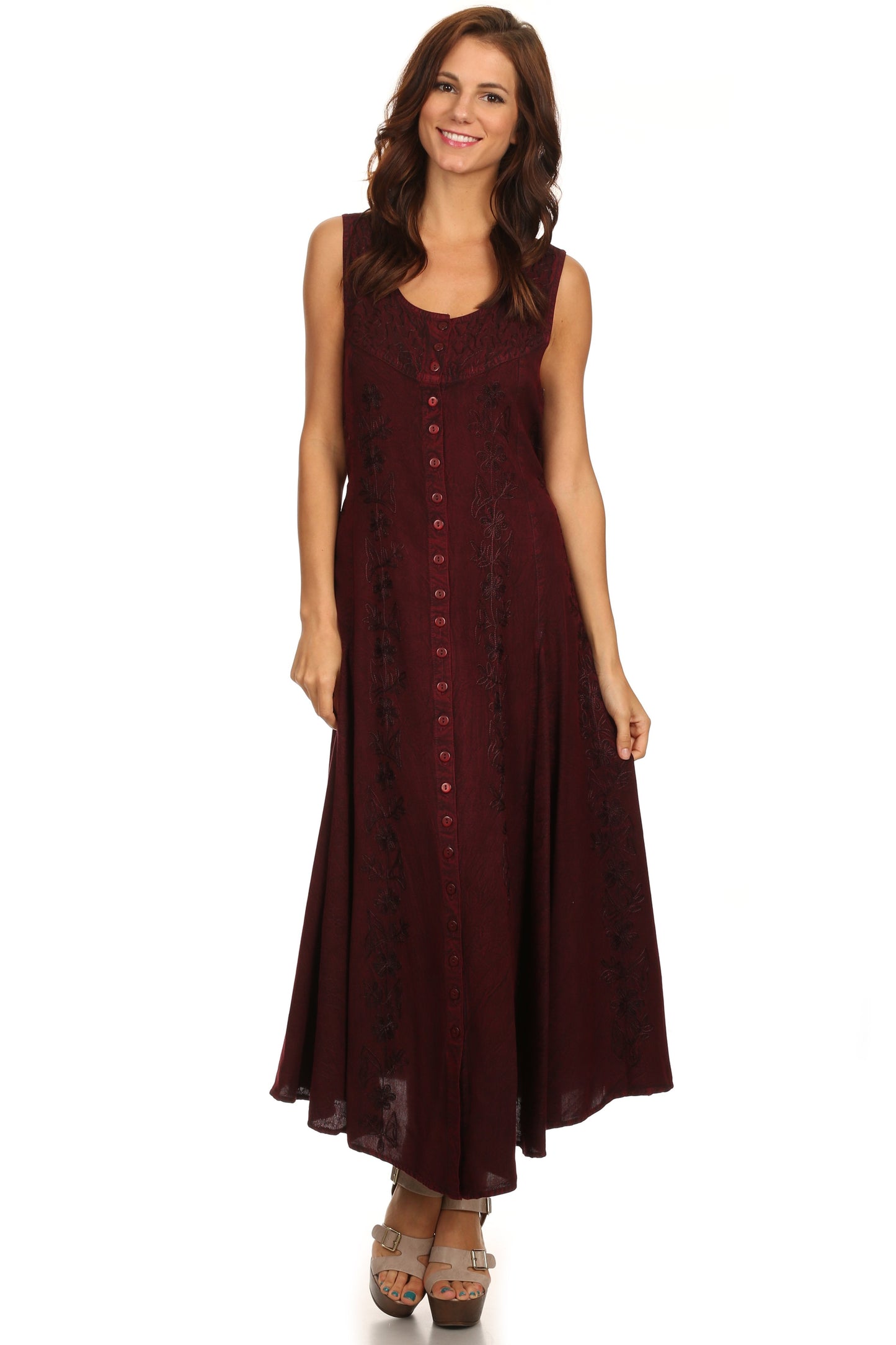 Sakkas Maya Floral Embroidered Sleeveless Button Up Rayon Dress - Concordia Style Boutique