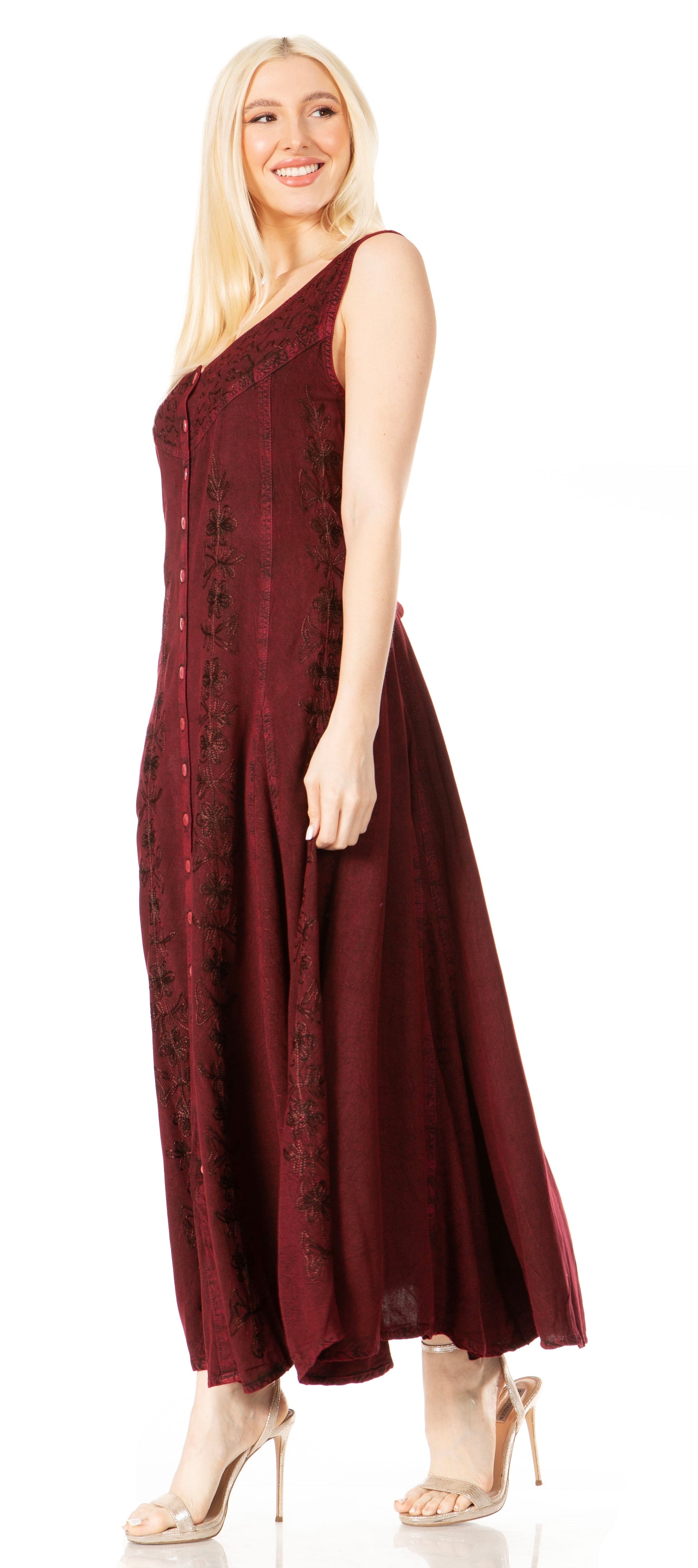 Sakkas Maya Floral Embroidered Sleeveless Button Up Rayon Dress - Concordia Style Boutique