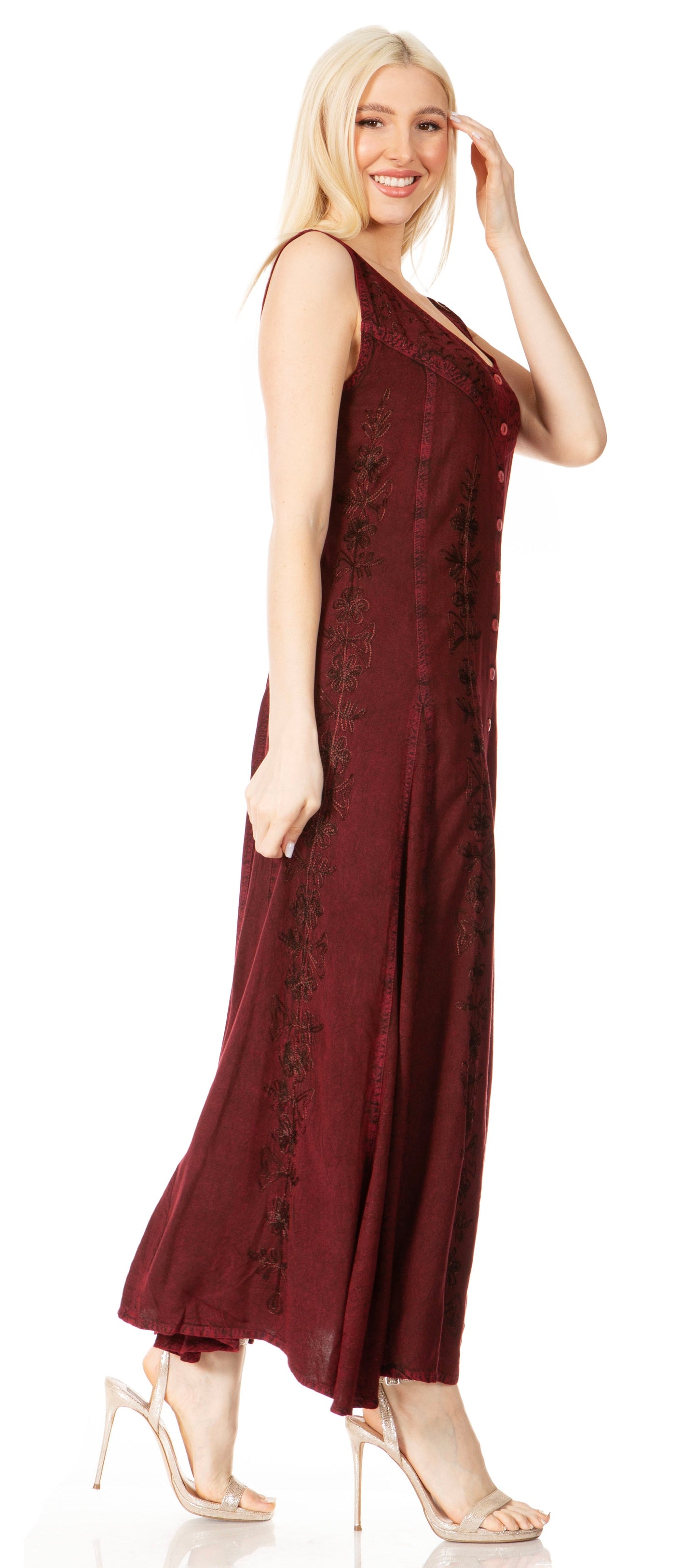 Sakkas Maya Floral Embroidered Sleeveless Button Up Rayon Dress - Concordia Style Boutique