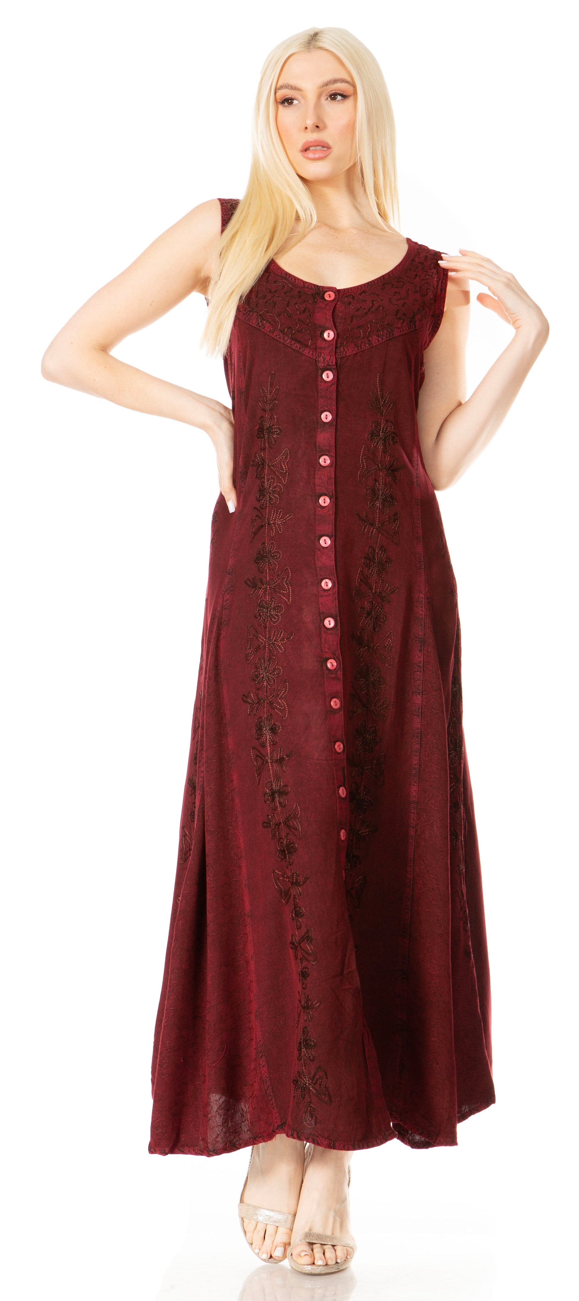 Sakkas Maya Floral Embroidered Sleeveless Button Up Rayon Dress - Concordia Style Boutique