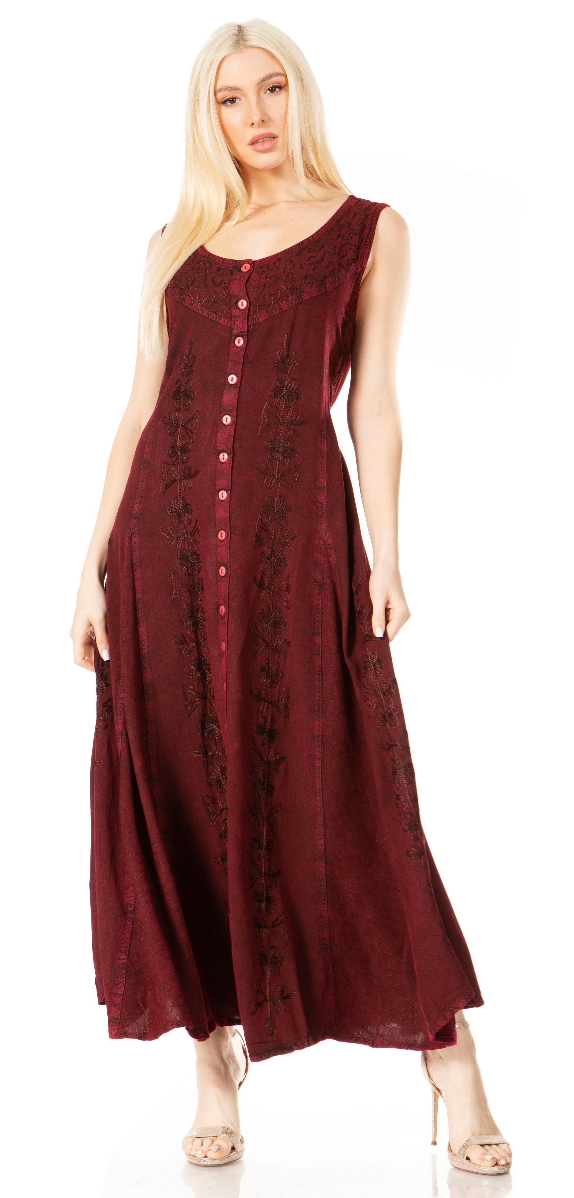 Sakkas Maya Floral Embroidered Sleeveless Button Up Rayon Dress - Concordia Style Boutique