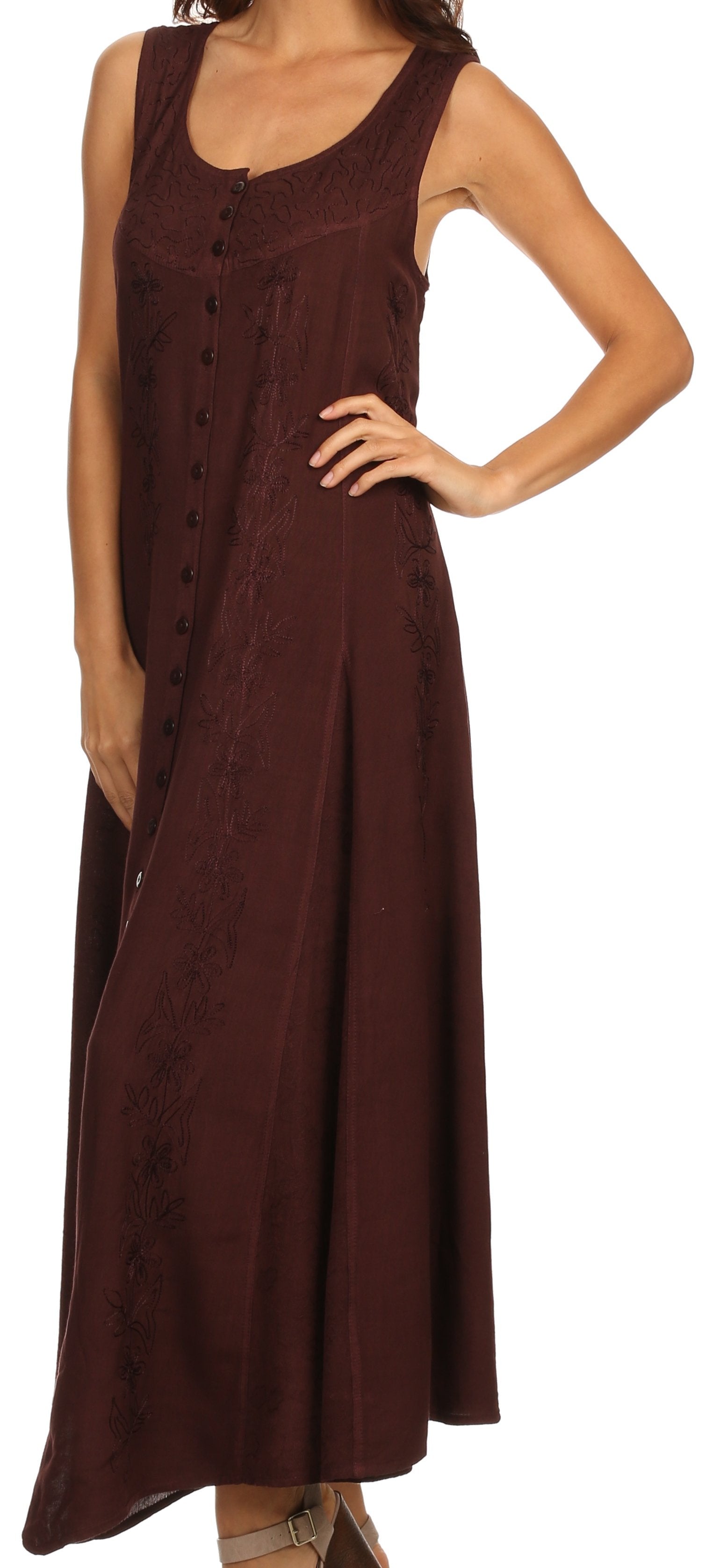 Sakkas Maya Floral Embroidered Sleeveless Button Up Rayon Dress - Concordia Style Boutique