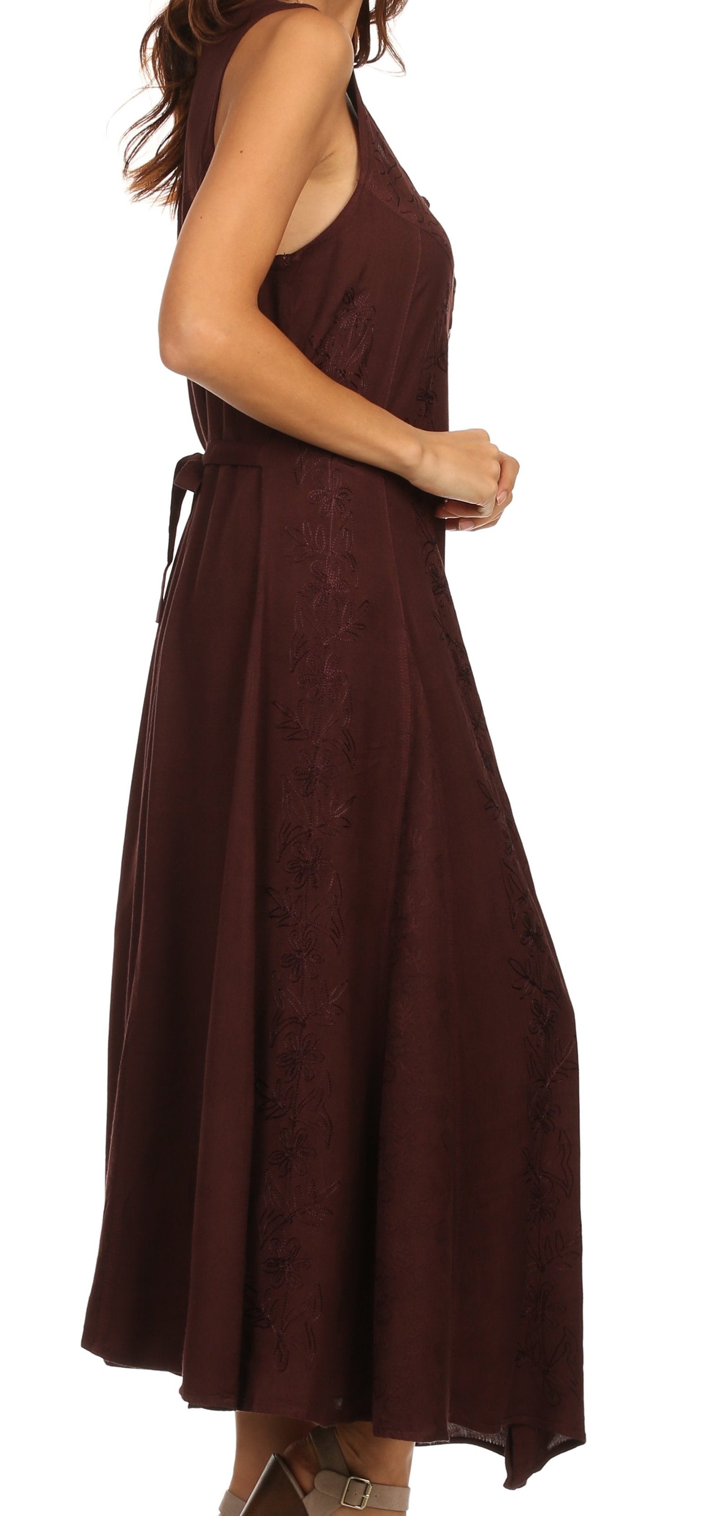Sakkas Maya Floral Embroidered Sleeveless Button Up Rayon Dress - Concordia Style Boutique