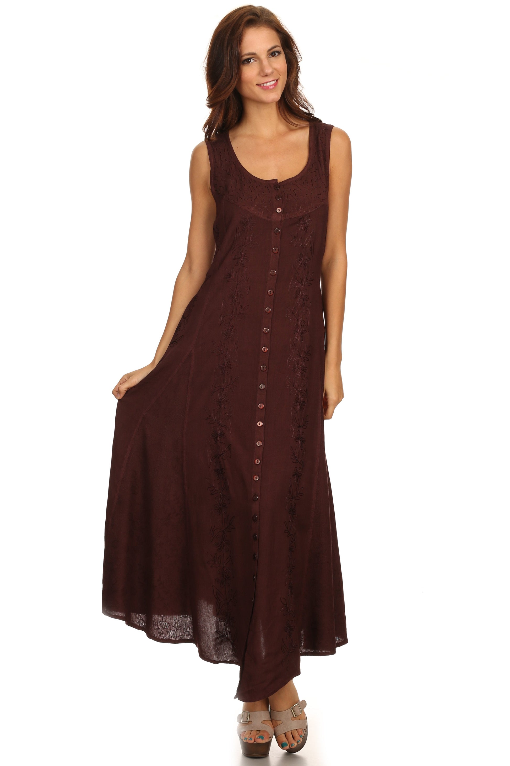 Sakkas Maya Floral Embroidered Sleeveless Button Up Rayon Dress - Concordia Style Boutique