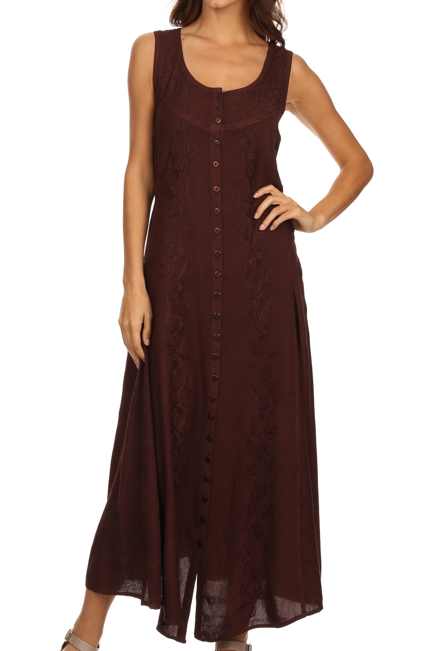 Sakkas Maya Floral Embroidered Sleeveless Button Up Rayon Dress - Concordia Style Boutique
