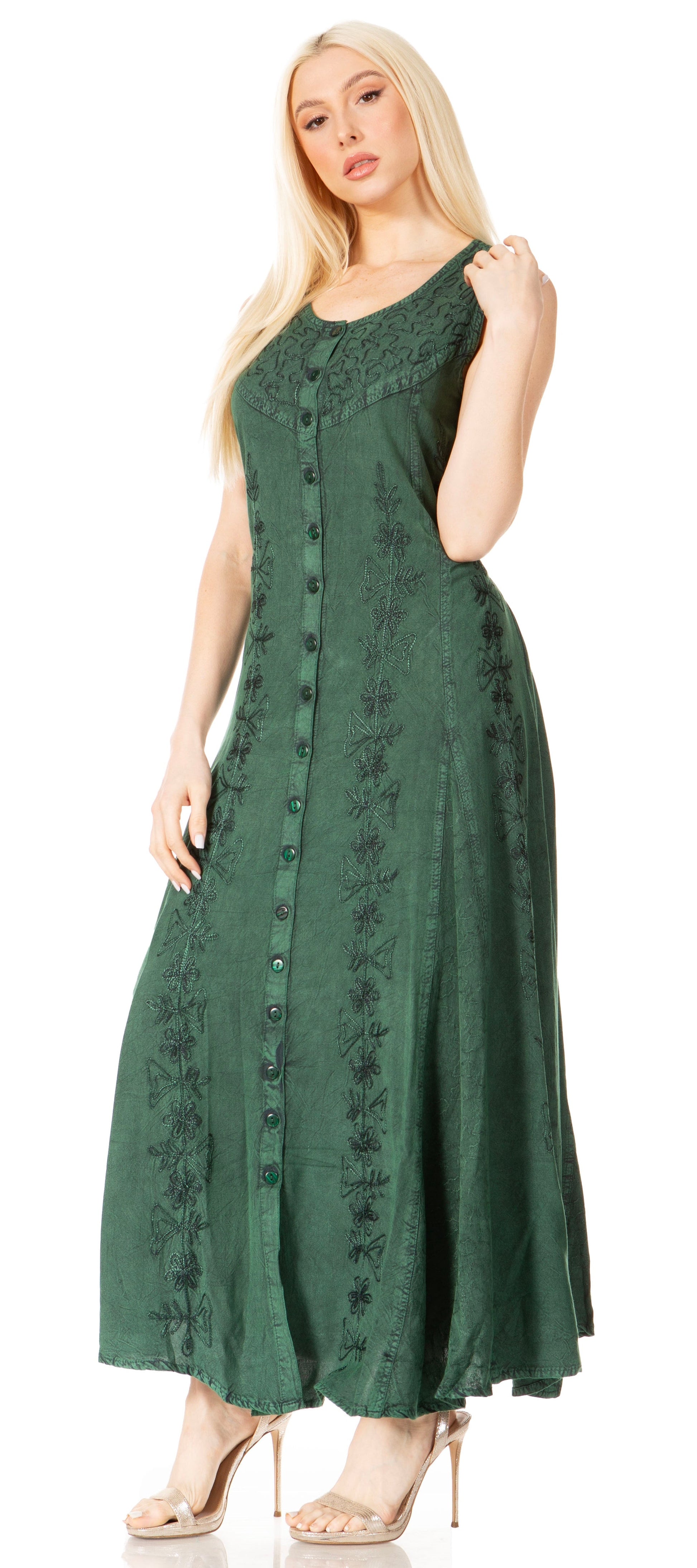 Sakkas Maya Floral Embroidered Sleeveless Button Up Rayon Dress - Concordia Style Boutique