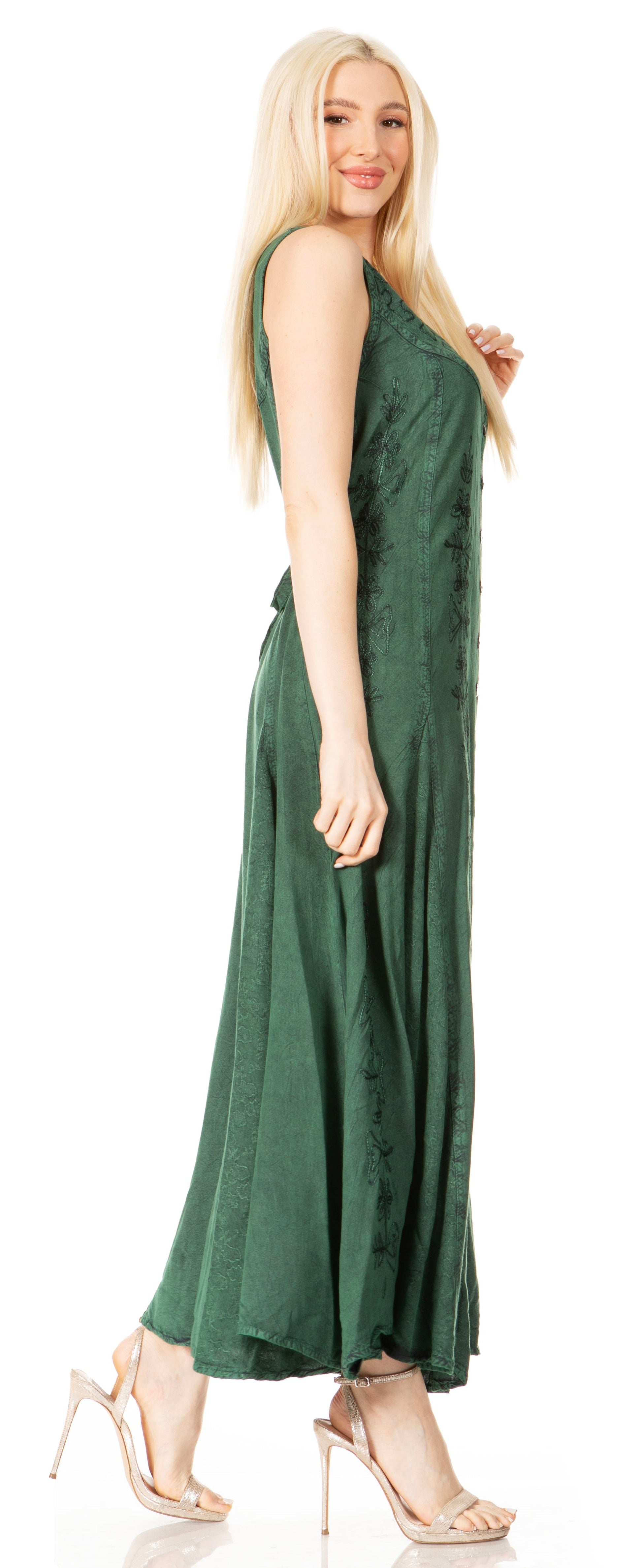 Sakkas Maya Floral Embroidered Sleeveless Button Up Rayon Dress - Concordia Style Boutique