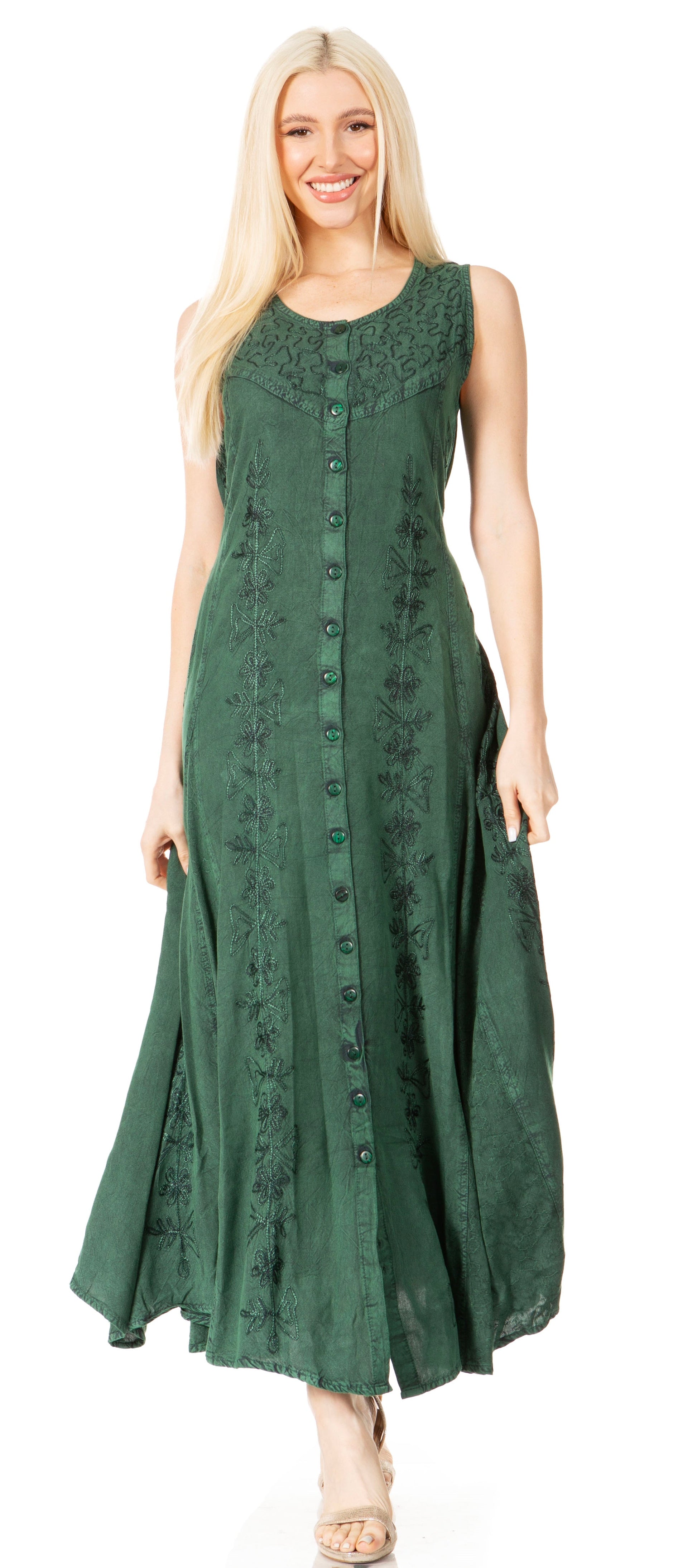 Sakkas Maya Floral Embroidered Sleeveless Button Up Rayon Dress - Concordia Style Boutique