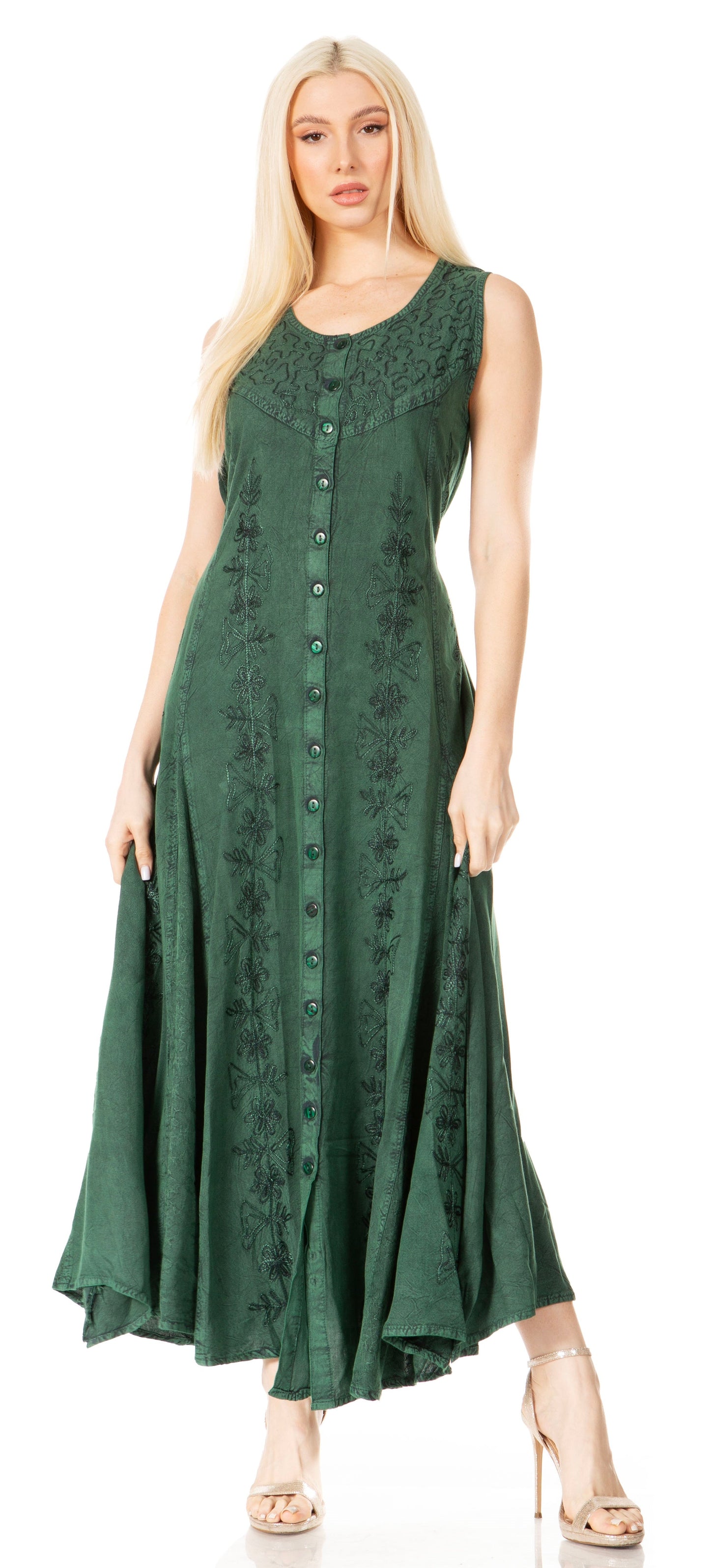 Sakkas Maya Floral Embroidered Sleeveless Button Up Rayon Dress - Concordia Style Boutique