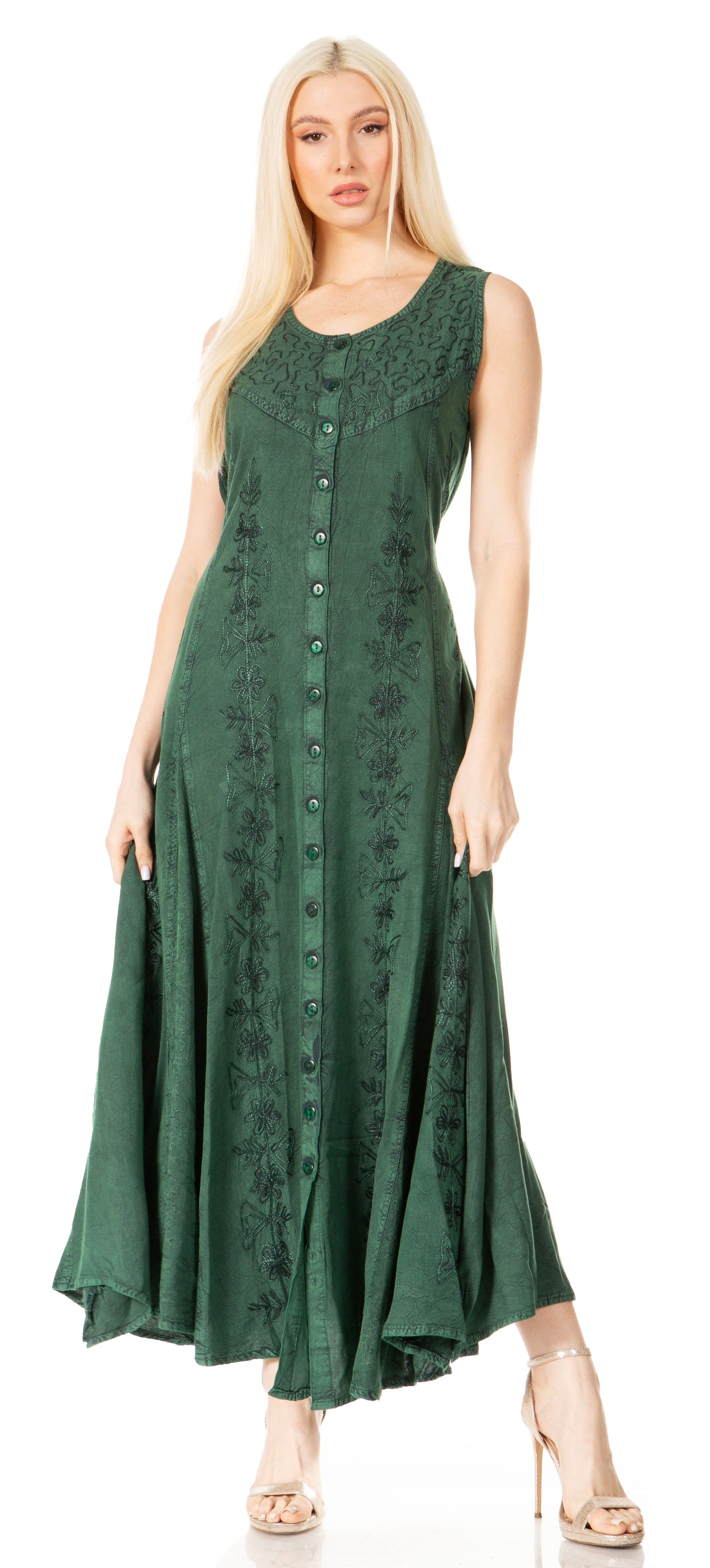 Sakkas Maya Floral Embroidered Sleeveless Button Up Rayon Dress - Concordia Style Boutique