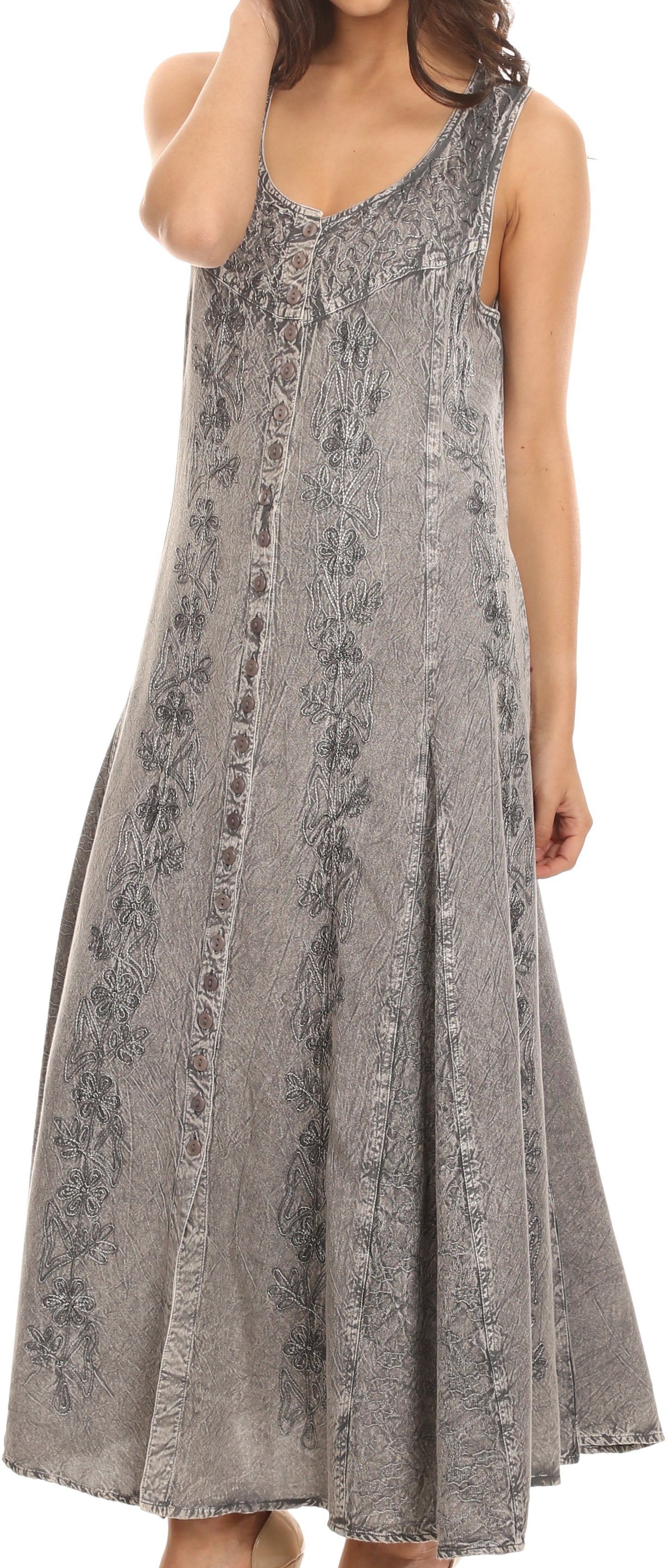 Sakkas Maya Floral Embroidered Sleeveless Button Up Rayon Dress - Concordia Style Boutique