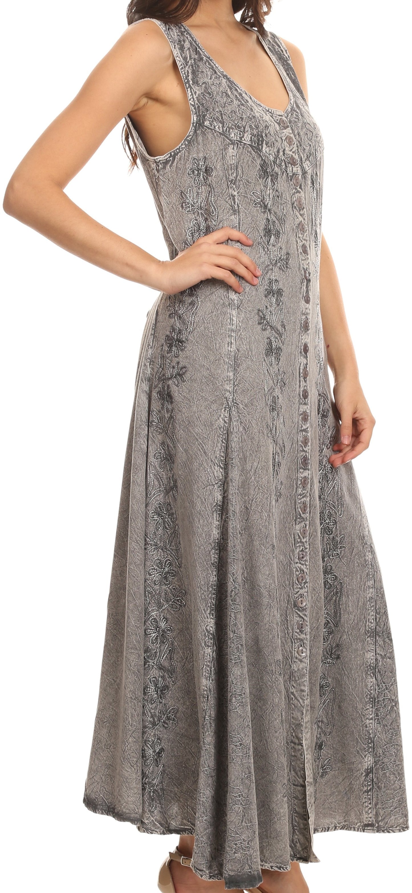 Sakkas Maya Floral Embroidered Sleeveless Button Up Rayon Dress - Concordia Style Boutique