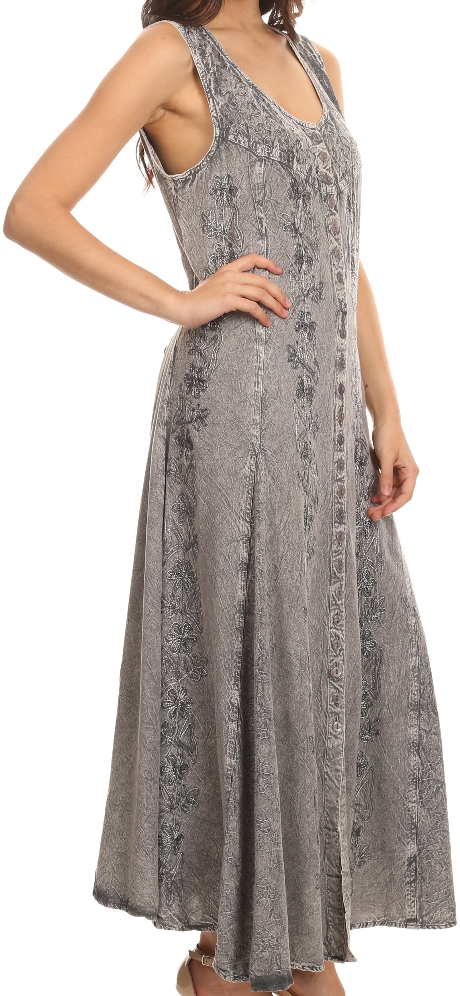 Sakkas Maya Floral Embroidered Sleeveless Button Up Rayon Dress - Concordia Style Boutique